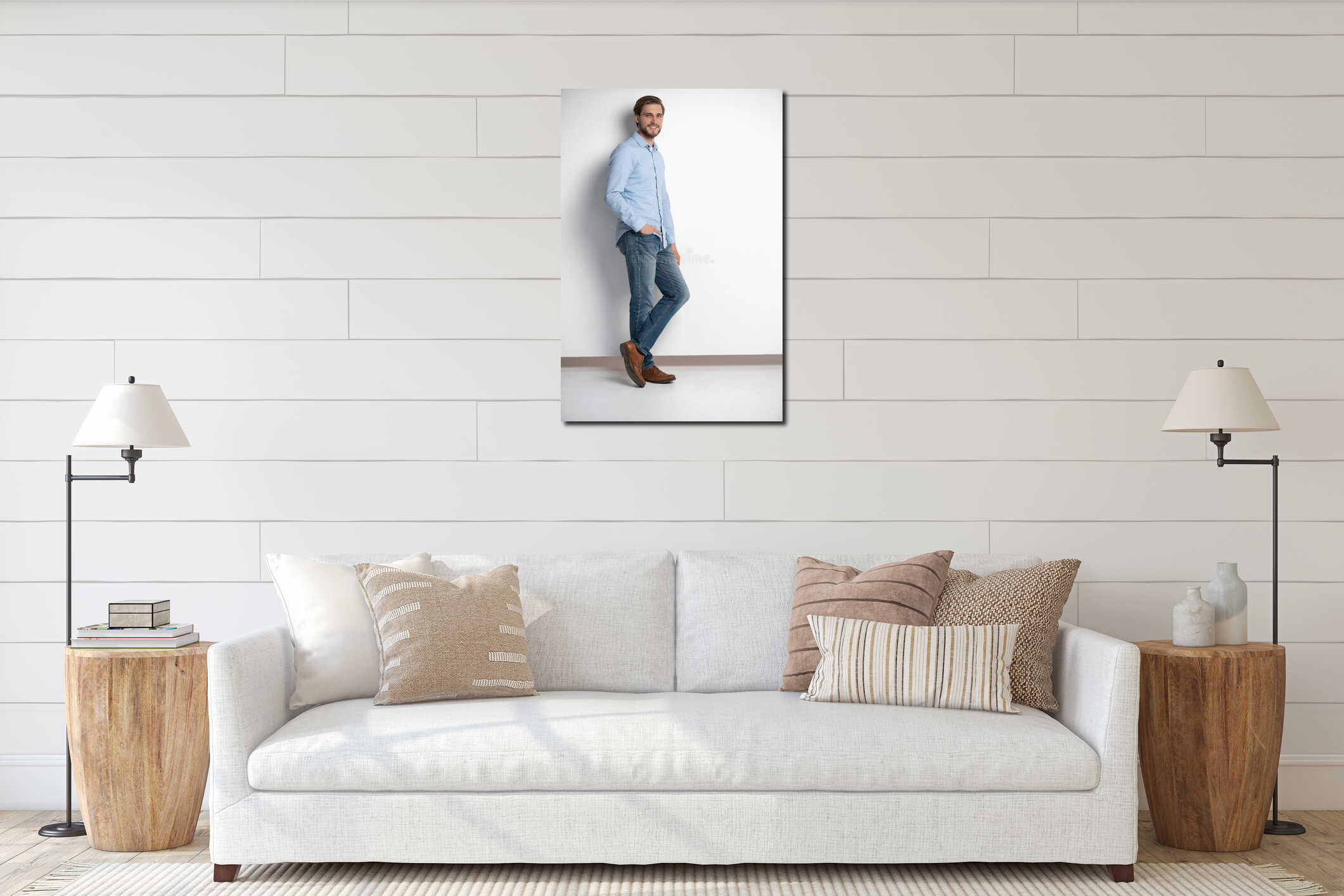 Full length studio portrait of casual young man in jeans and shirt. Isolated on white background. interior mockup