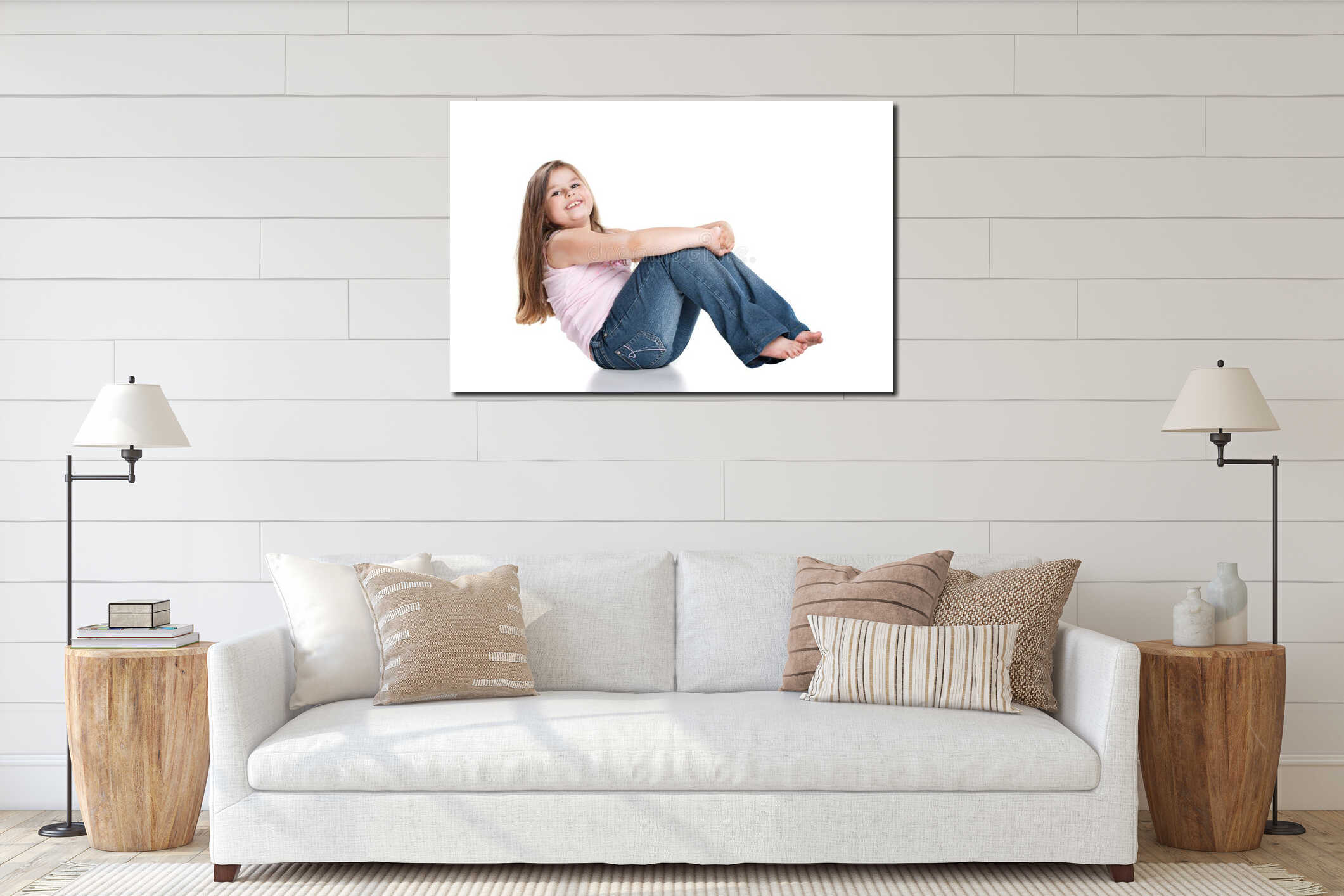 Cute happy little girl sitting on white background interior mockup
