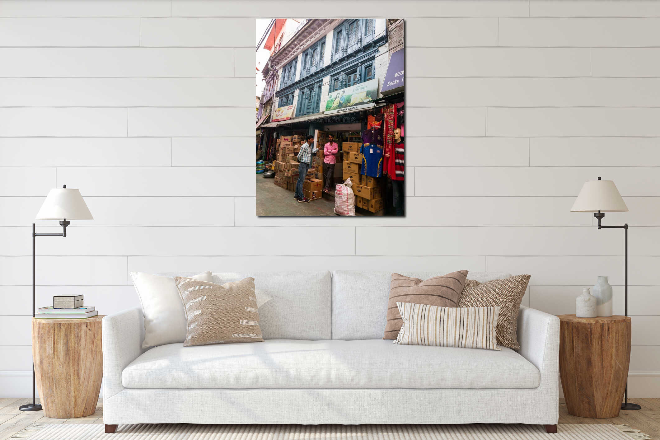 A shop below a building with ancient wooden galleries interior mockup