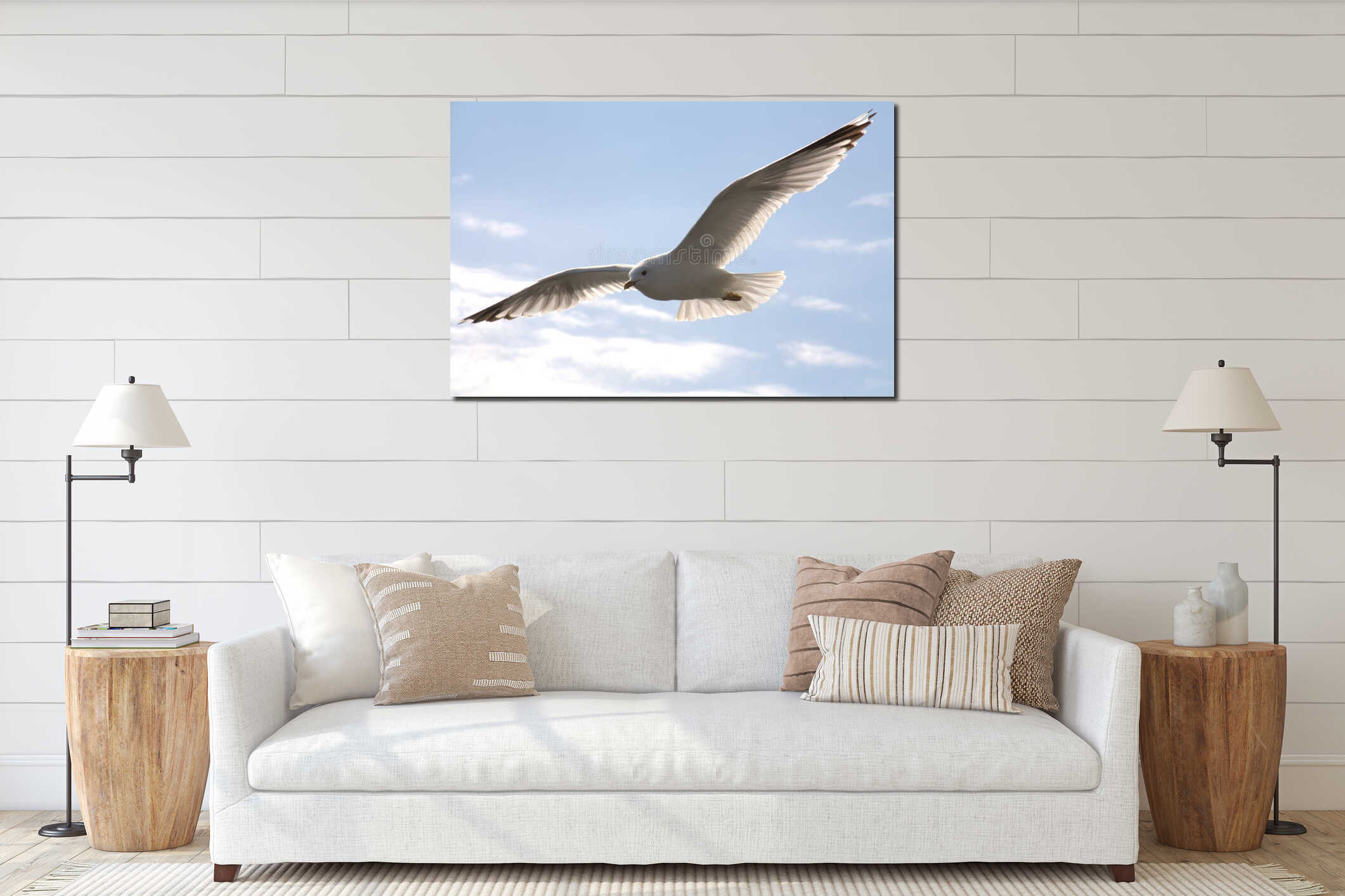 Seagull bird in flight interior mockup