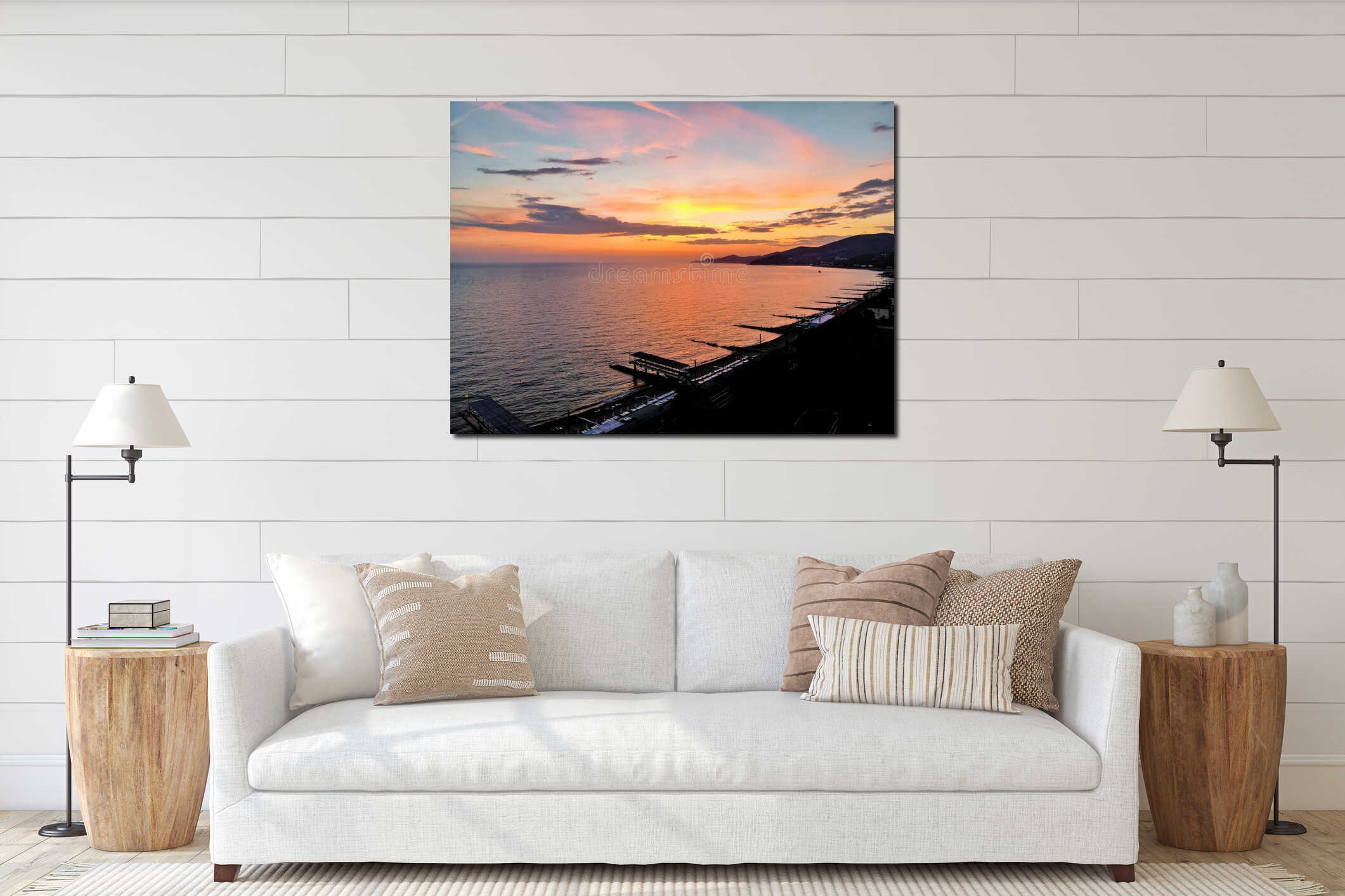 Beautiful sea landscape of man in Black Sea interior mockup