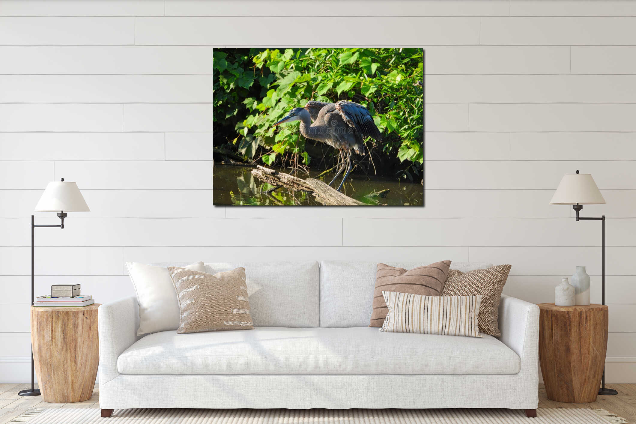 Blue Heron Bird Stretches Wings  Perched on Dead Tree Branc interior mockup