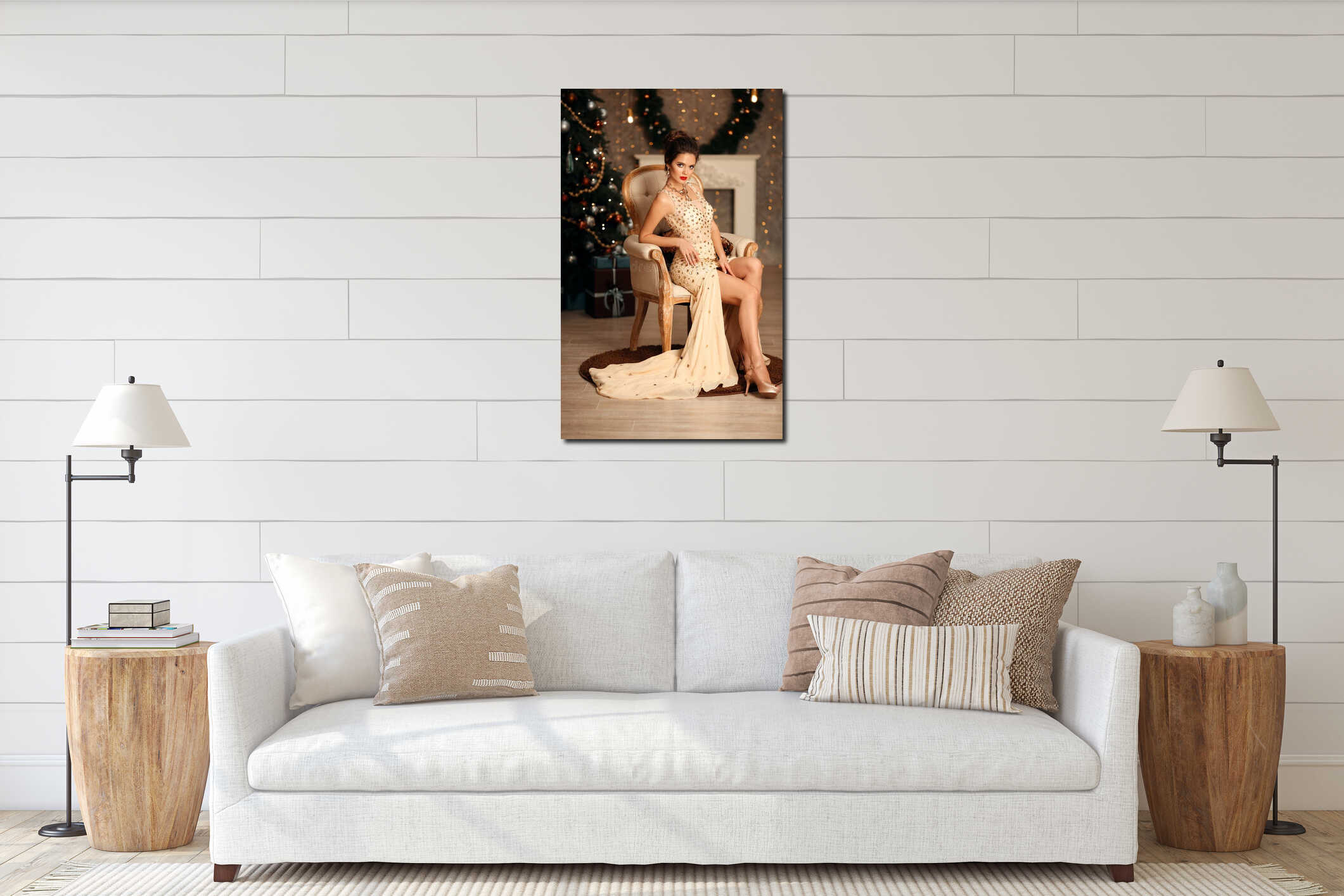 Christmas portrait of elegant woman with wedding hairstyle. Beauty makeup. Beuatiful brunette girl in luxurious dress sitting on interior mockup