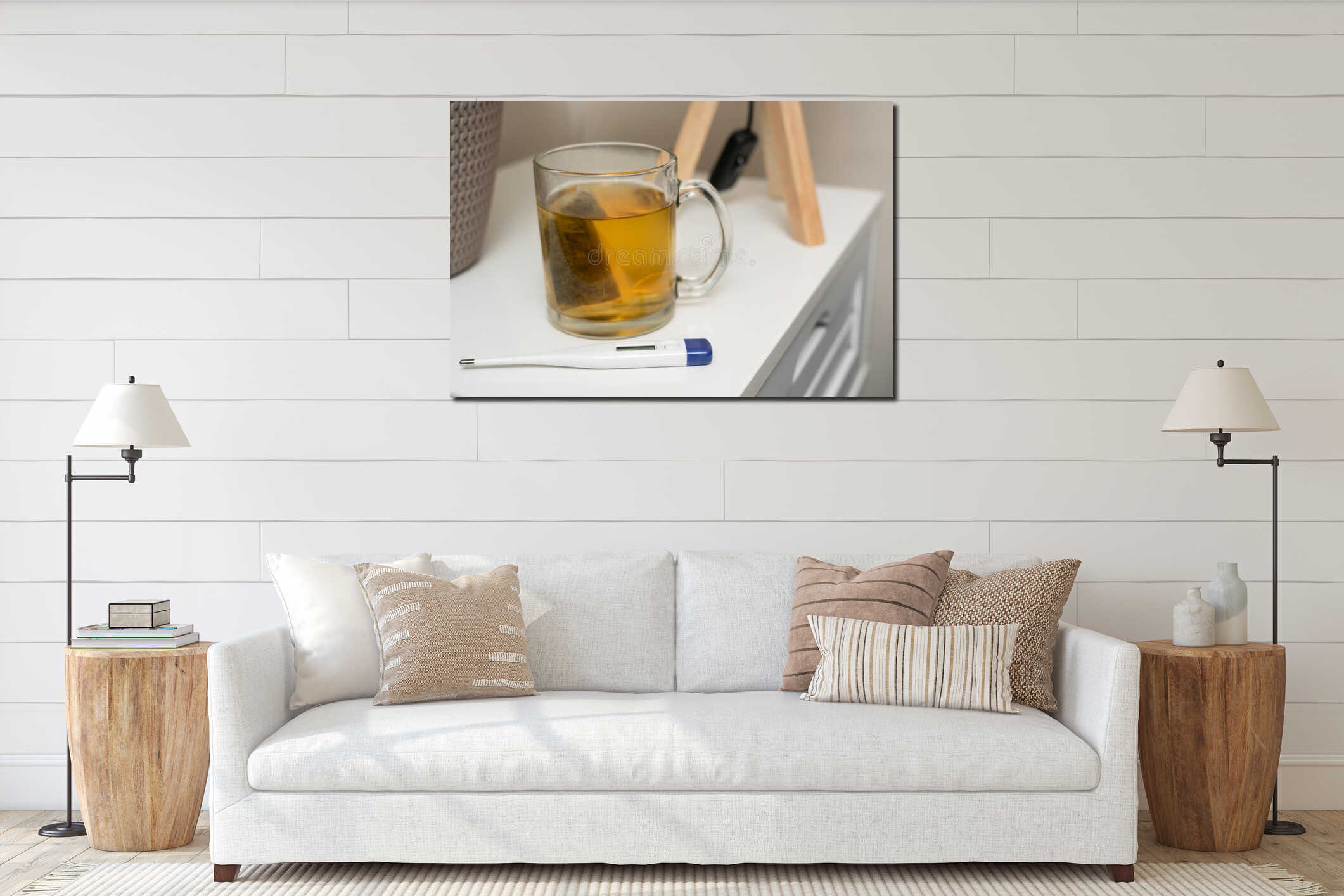 Close-up of hot tea mug and digital thermometer as cold concept interior mockup