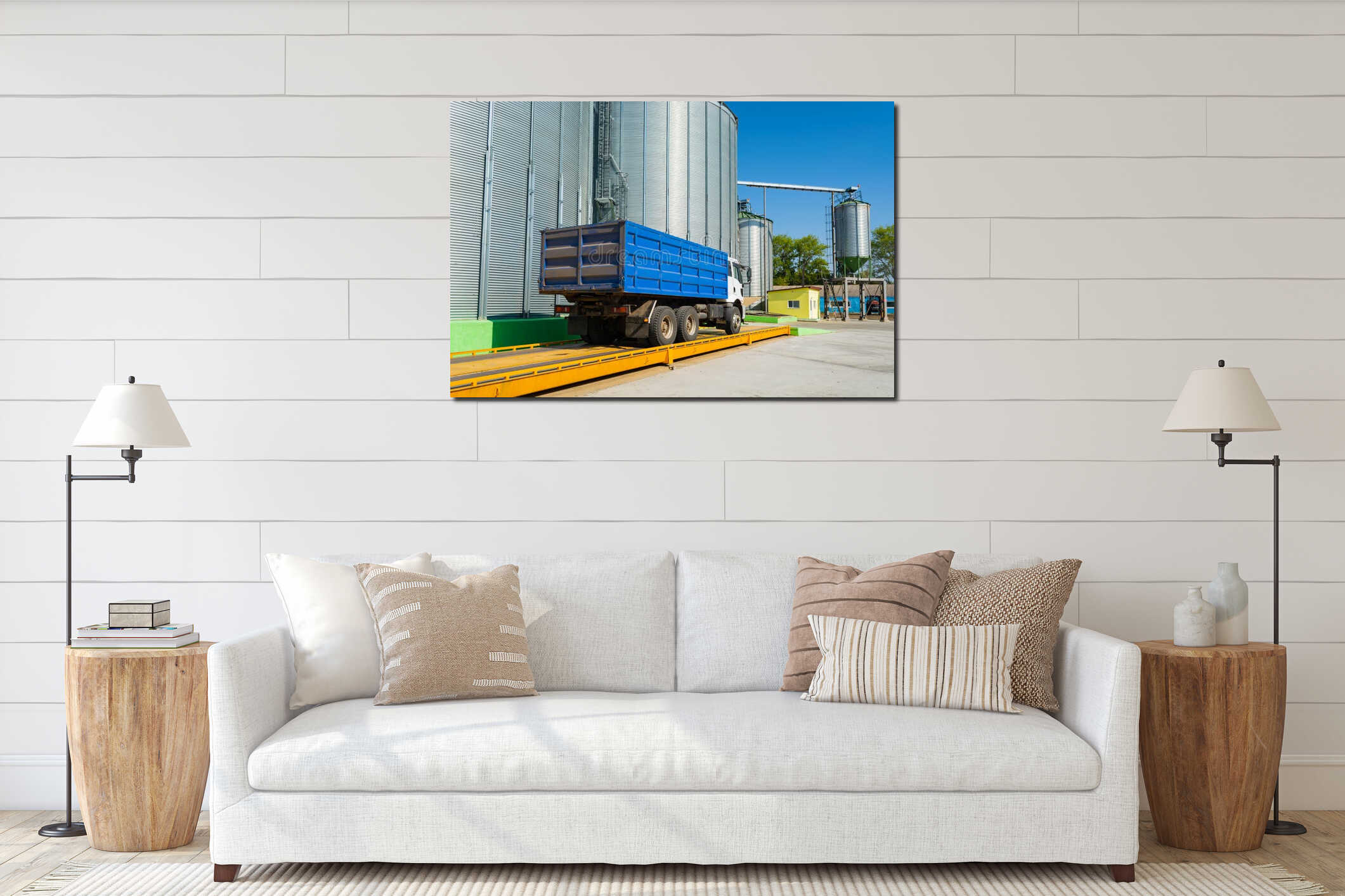Loading grain by trucks onto the elevator into metal containers interior mockup