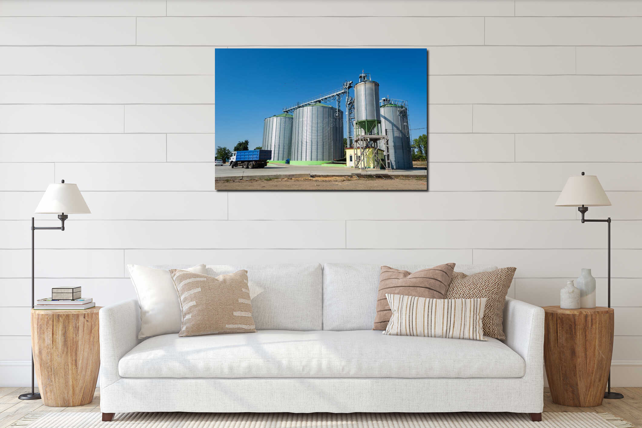 Loading grain by trucks onto the elevator into metal containers interior mockup