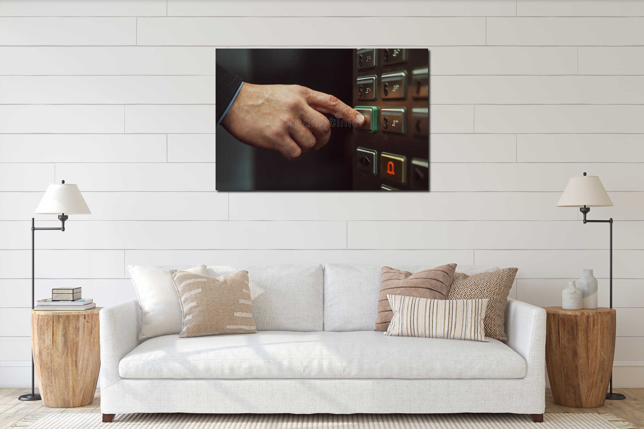 Close up of male hand presses button with braille for blind. Close up shot. Hand of office worker in business suit press interior mockup
