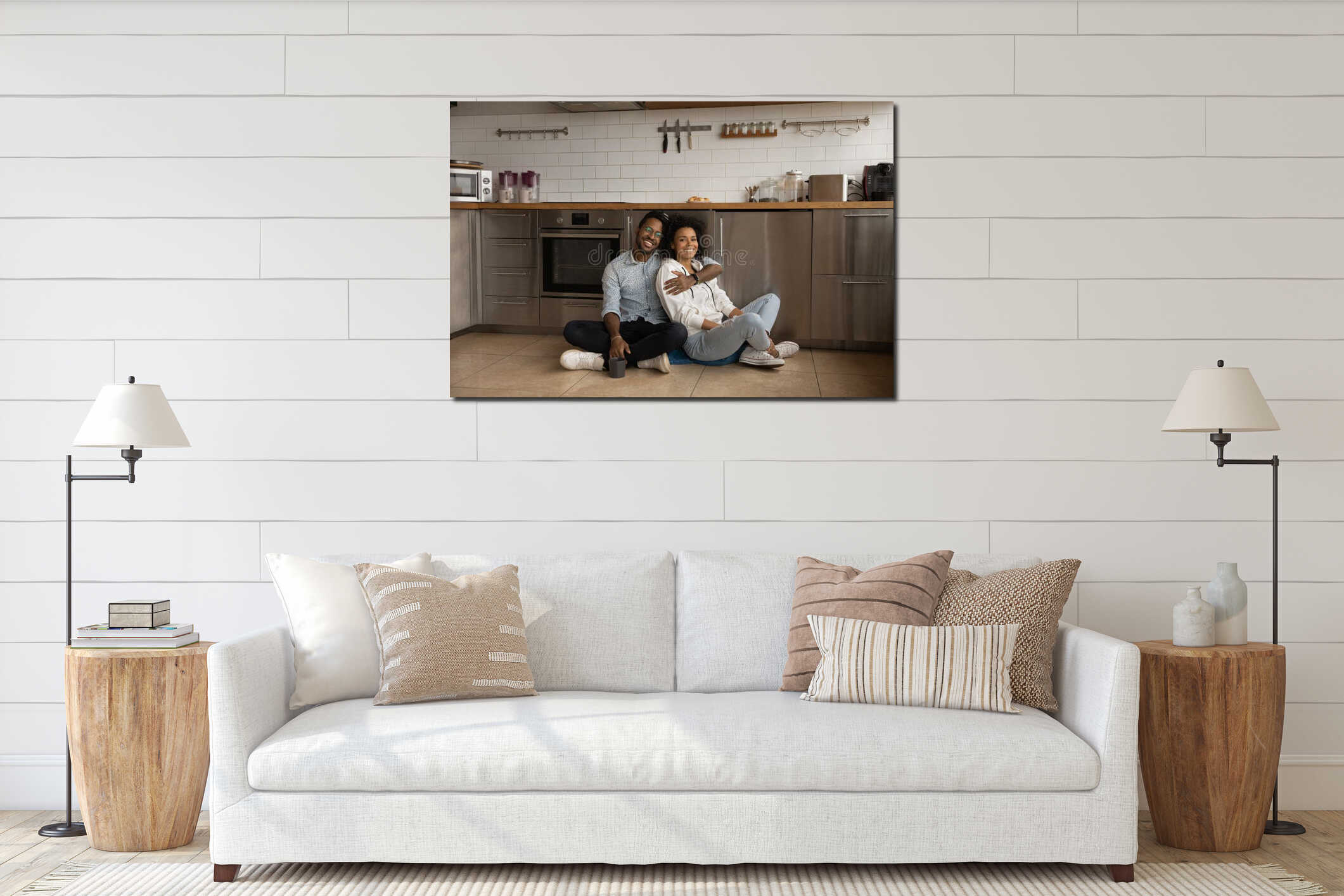 Portrait of smiling biracial couple renters relax in kitchen interior mockup