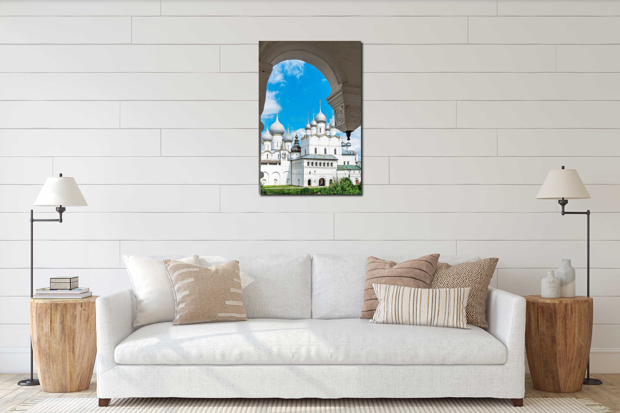 Russia, Rostov, July 2020. View of the cathedrals from the porch of the boyar chambers in the Kremlin. interior mockup
