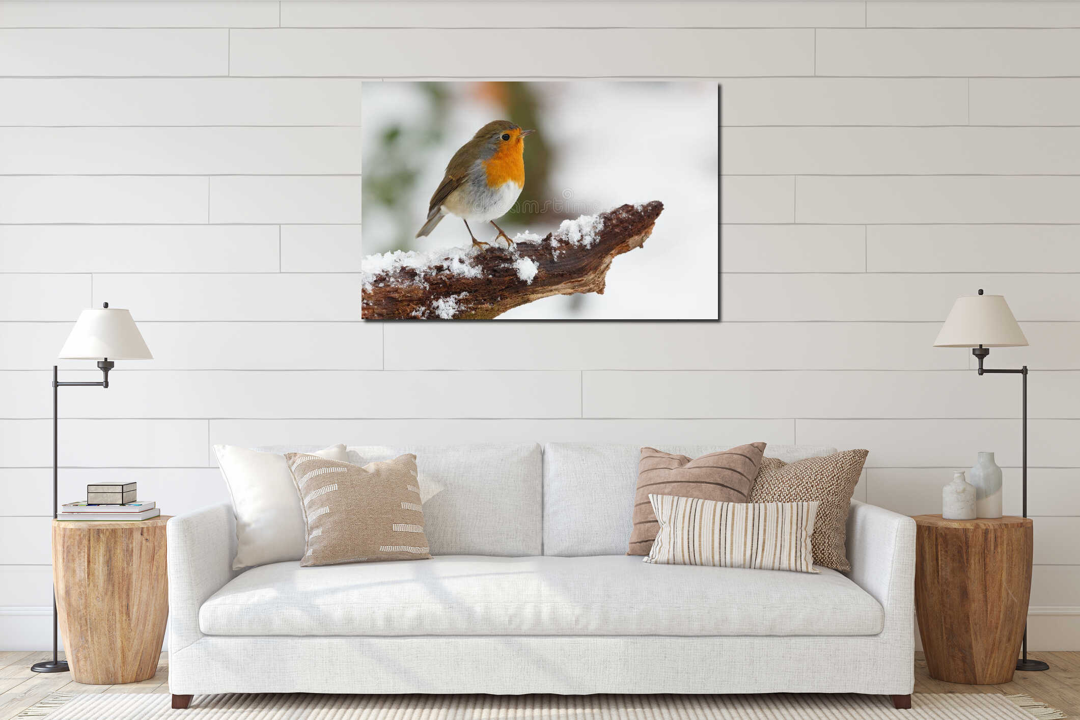 Closeup shot of robin bird perched on tree branch covered with snow interior mockup