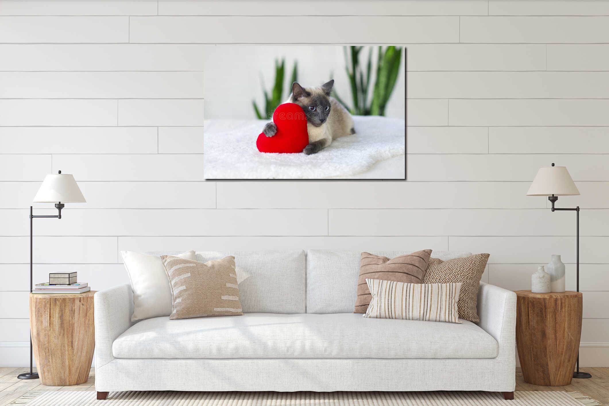 Serious Cat with soft plush heart toy.  Love, Valentine day, pets friendly and care concept. Selective focus interior mockup
