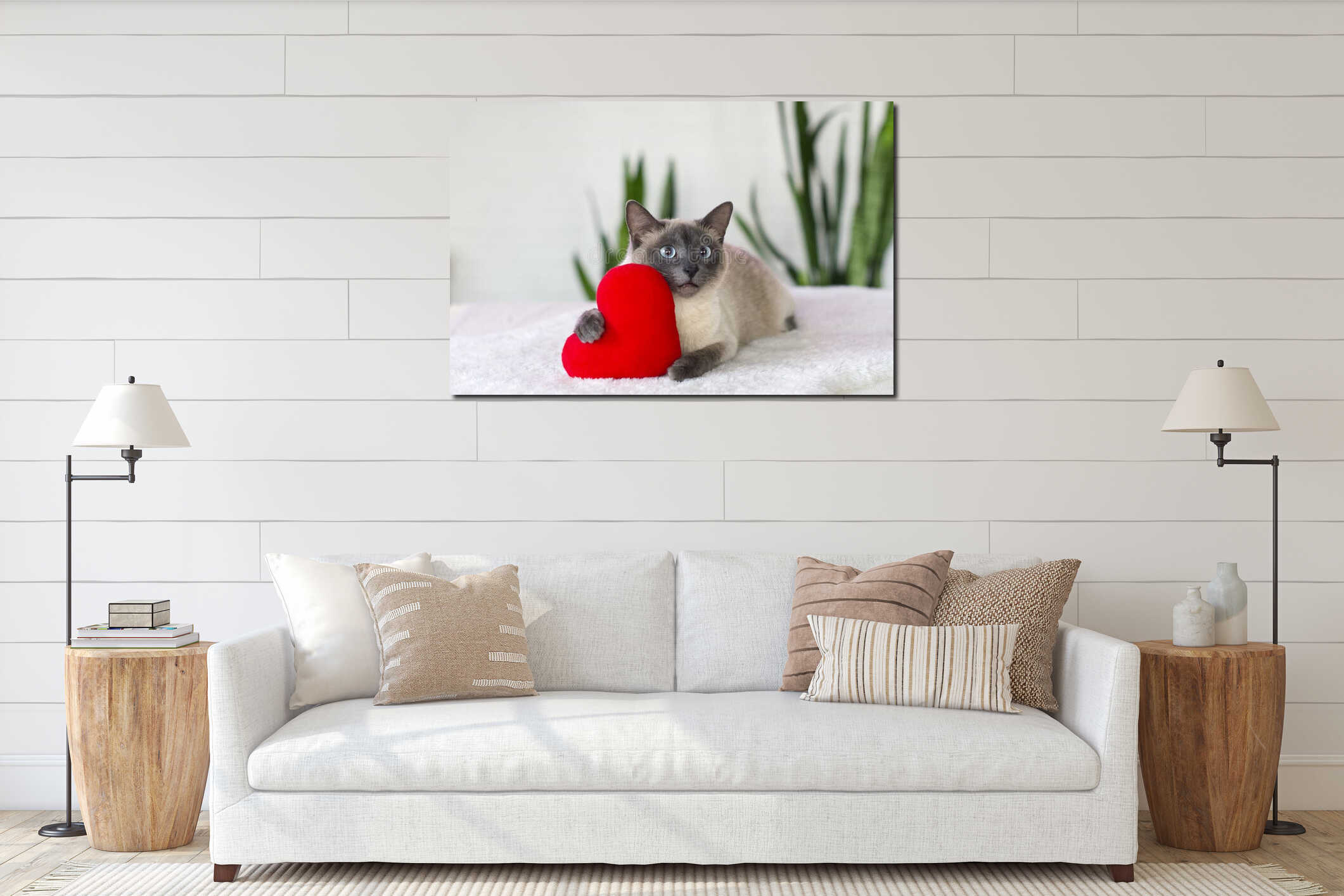 Cat with soft plush heart toy.  Love, Valentine day, pets friendly and care concept. Selective focus interior mockup