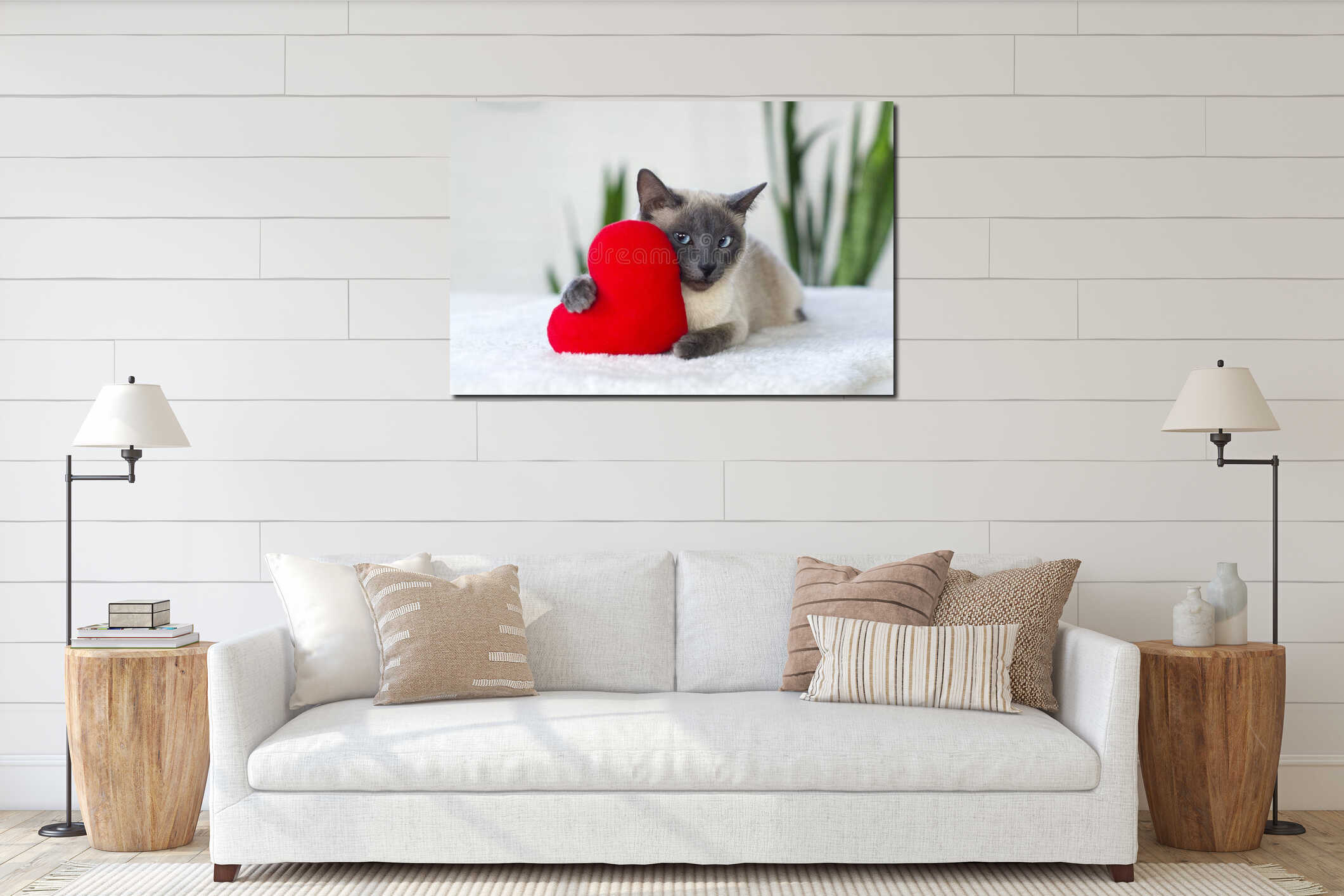 Cat with soft plush heart toy.  Love, Valentine day, pets friendly and care concept. Selective focus interior mockup