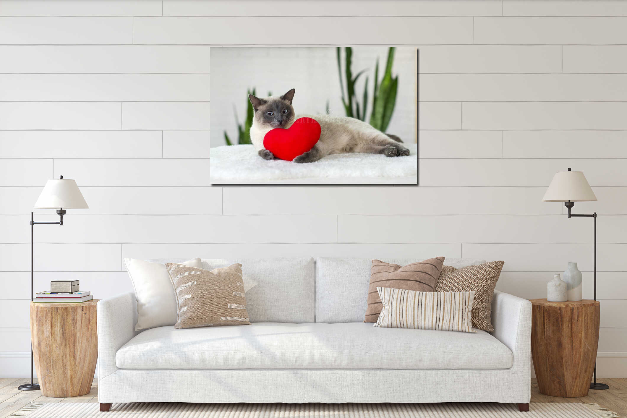 Cat with soft plush heart toy.  Love, Valentine day, pets friendly and care concept. Selective focus interior mockup