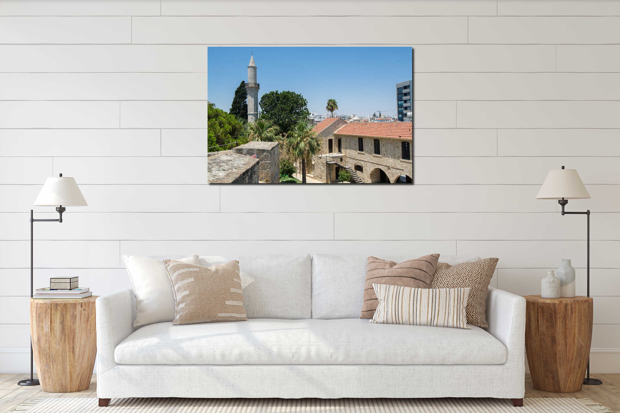 Minaret of Buyuk or Kebir Mosque and  Medieval castle in the Larnaca Fort in Cyprus interior mockup