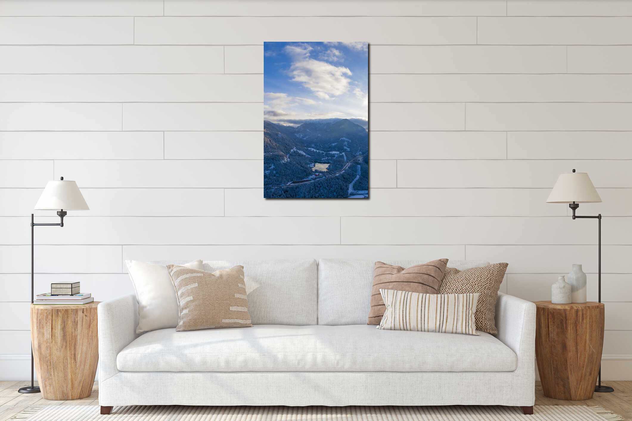 Lake Urise on a winter day with snowy nature at sunrise with cloudy sky interior mockup