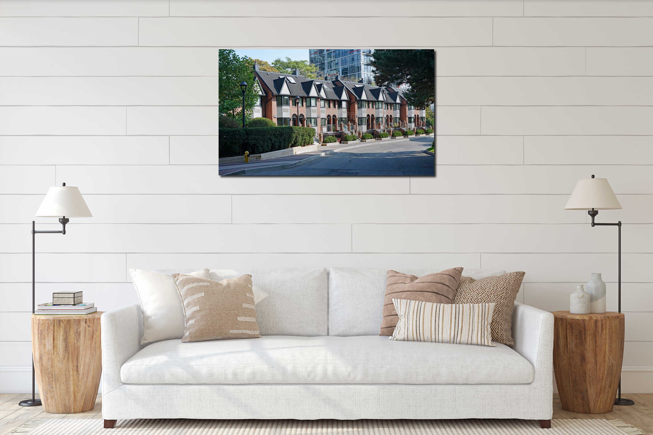 Modern urban residential street with townhouses interior mockup