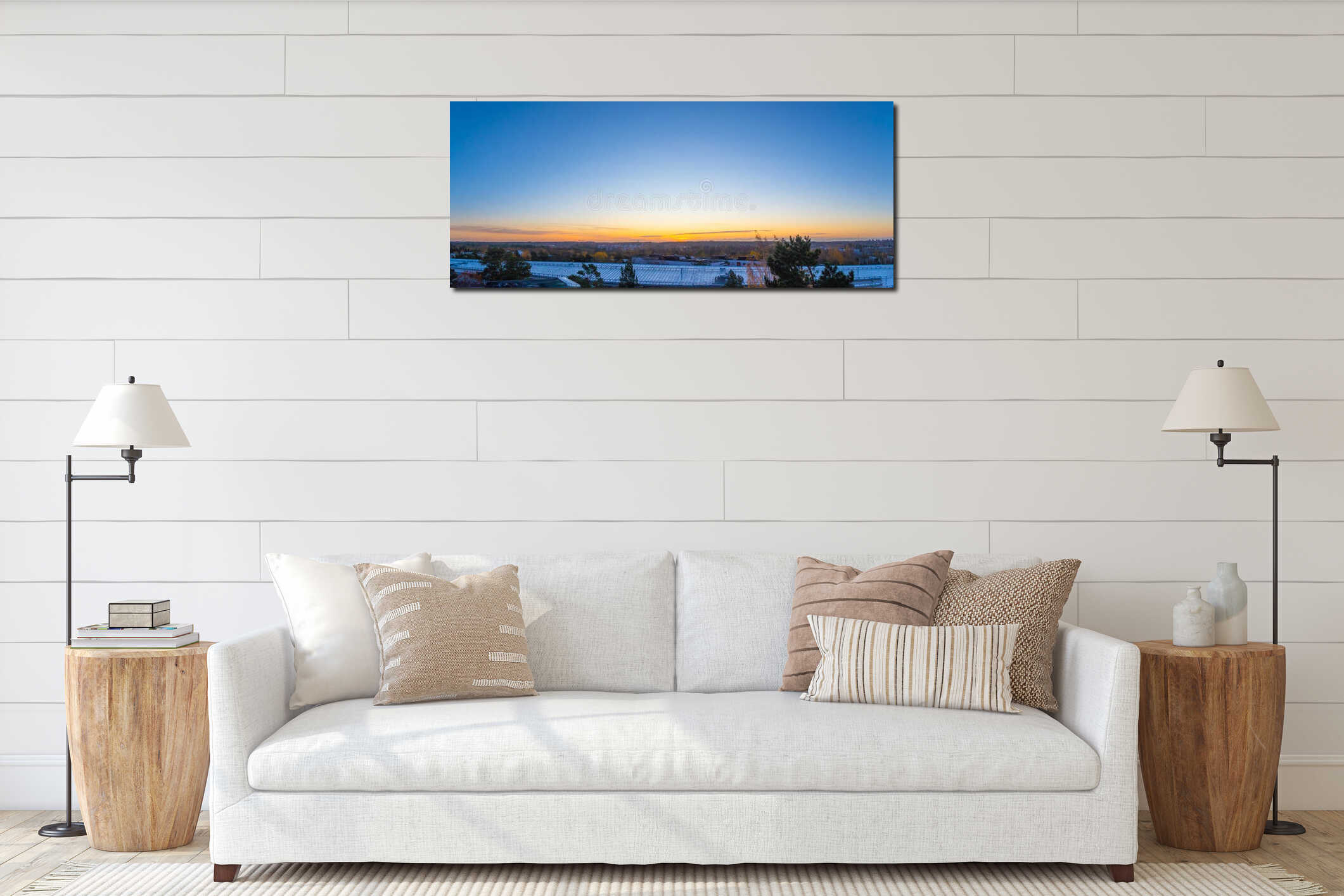 Panorama of sky before morning sunrise; blue sky and beautiful morning glow interior mockup
