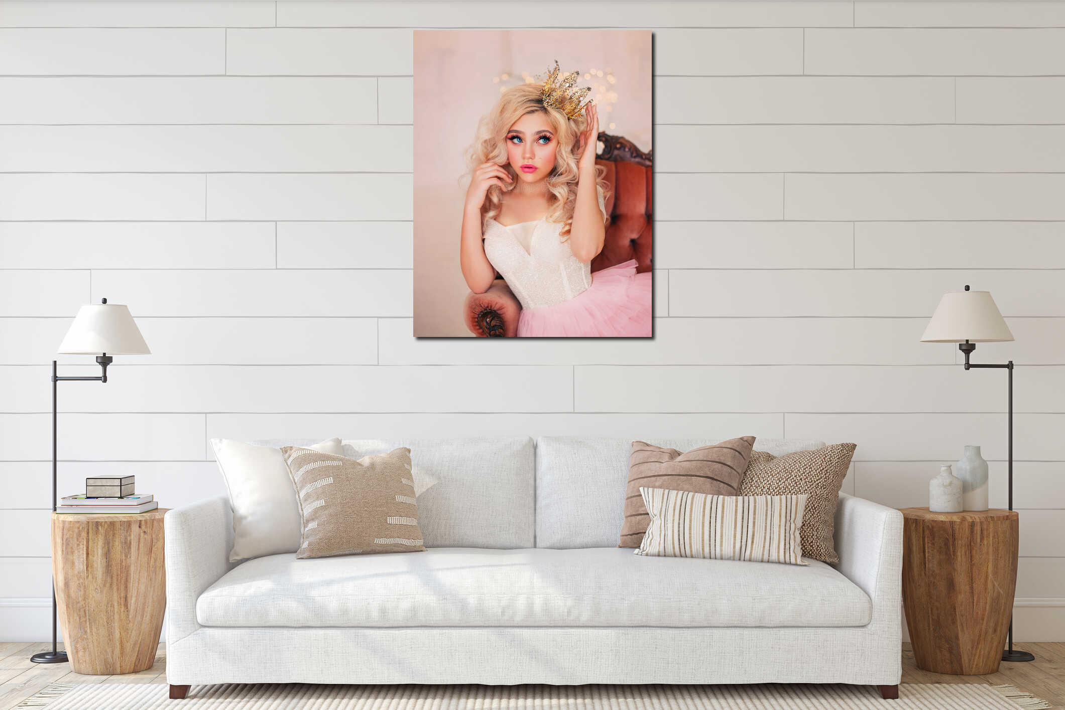 Portrait capricious princess girl. Blond hair. lady woman sitting in vintage armchair. Fairy tale white room. Woman interior mockup