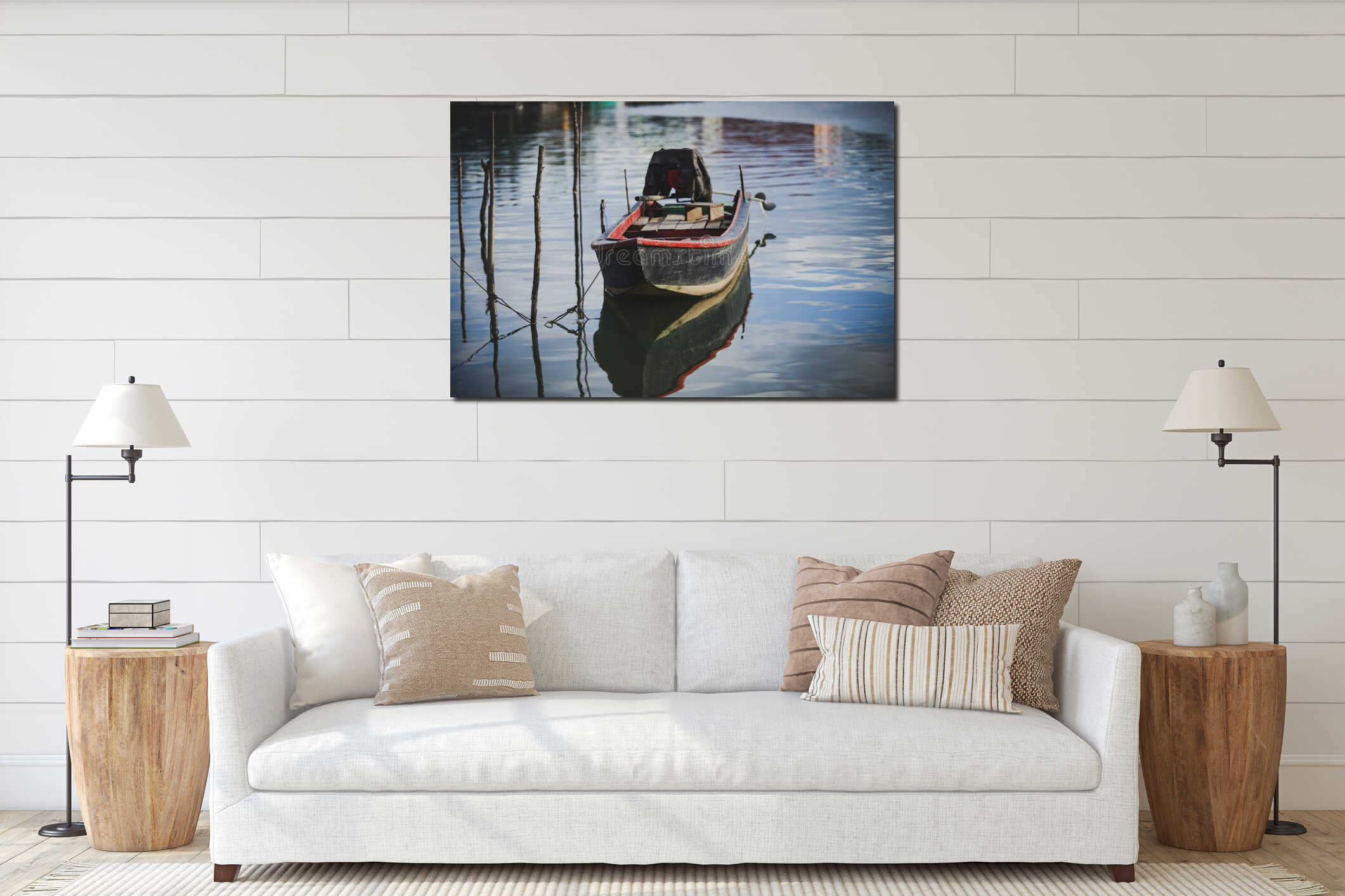 Old wooden boat floating over plain water interior mockup