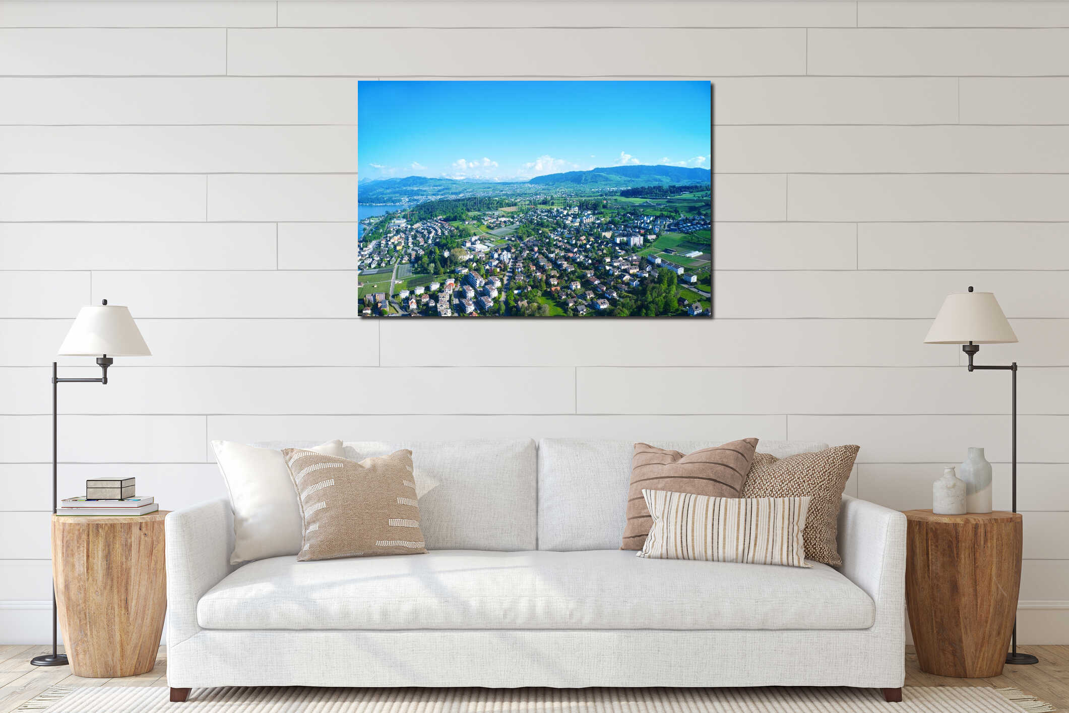 Aerial shot of scenic townscape under blue sky. Zurich, Switzerland, traveling in city and town interior mockup