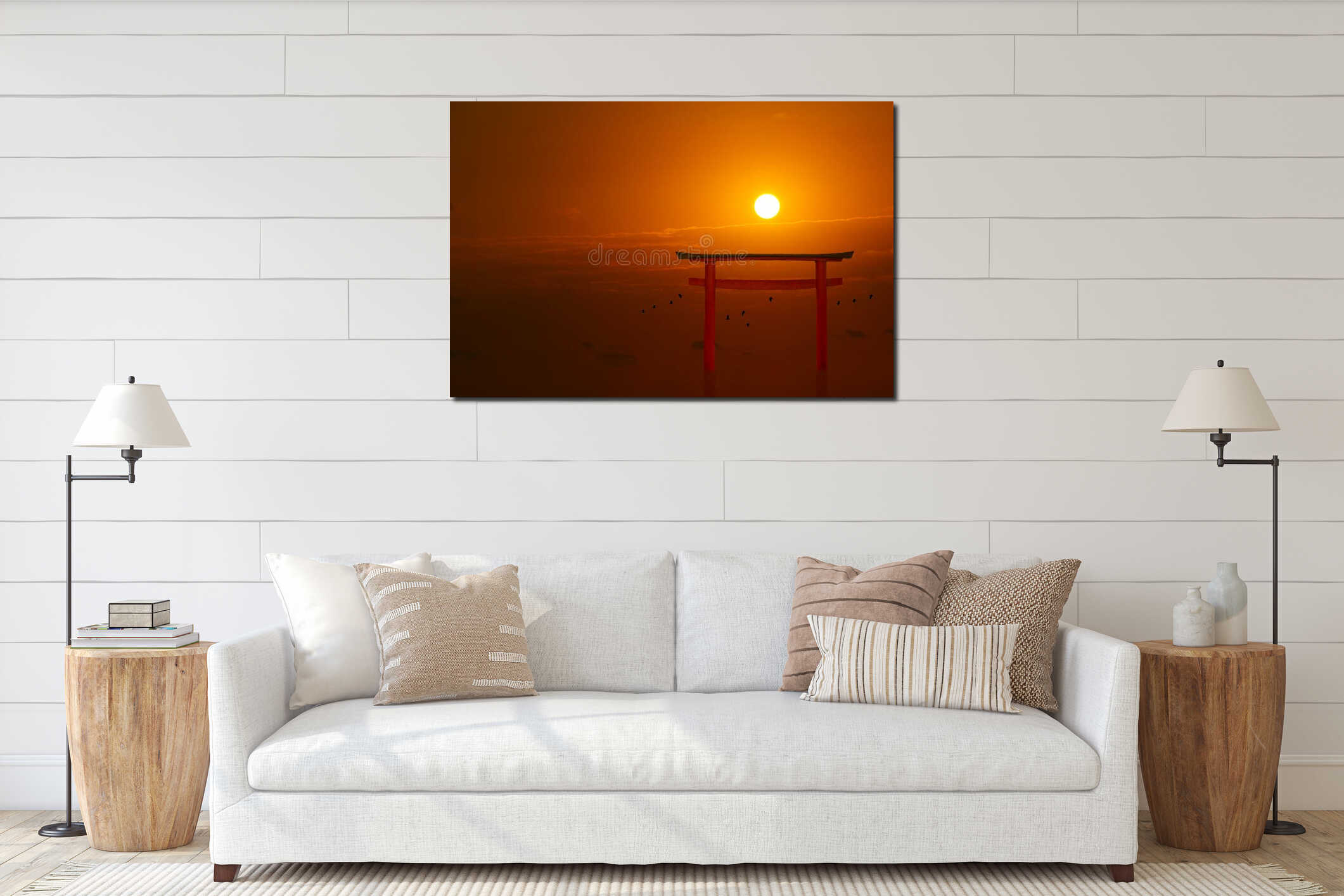 torii sunset orange red cloud on sky and birds flying on sea interior mockup