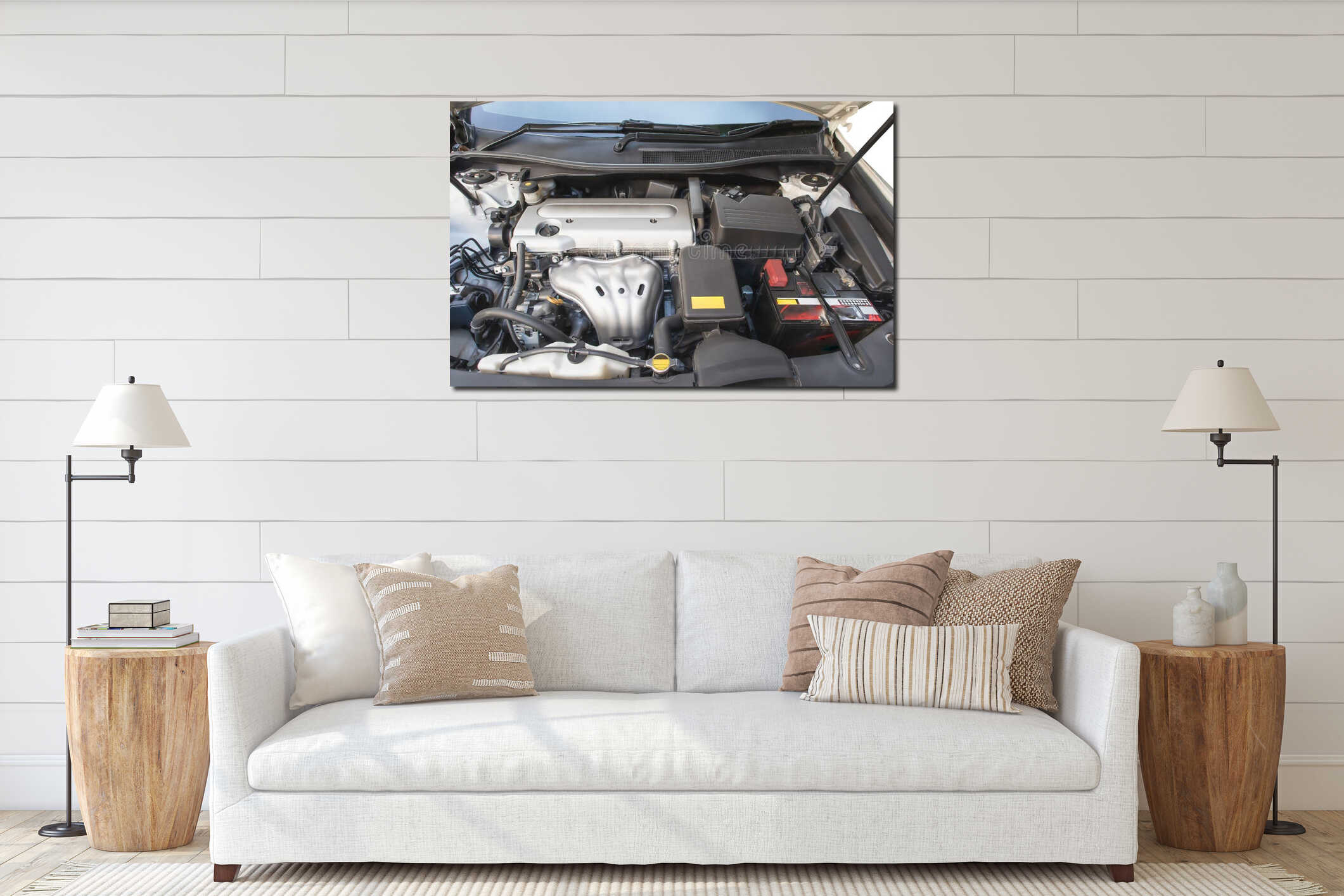 Close up details of gasoline engine car 2000cc. 16v. under the hood interior mockup