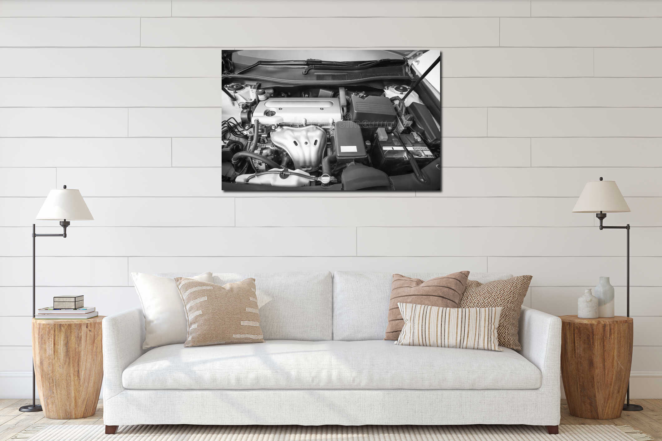 Close up details of gasoline engine car 2000cc. 16v. under the hood interior mockup