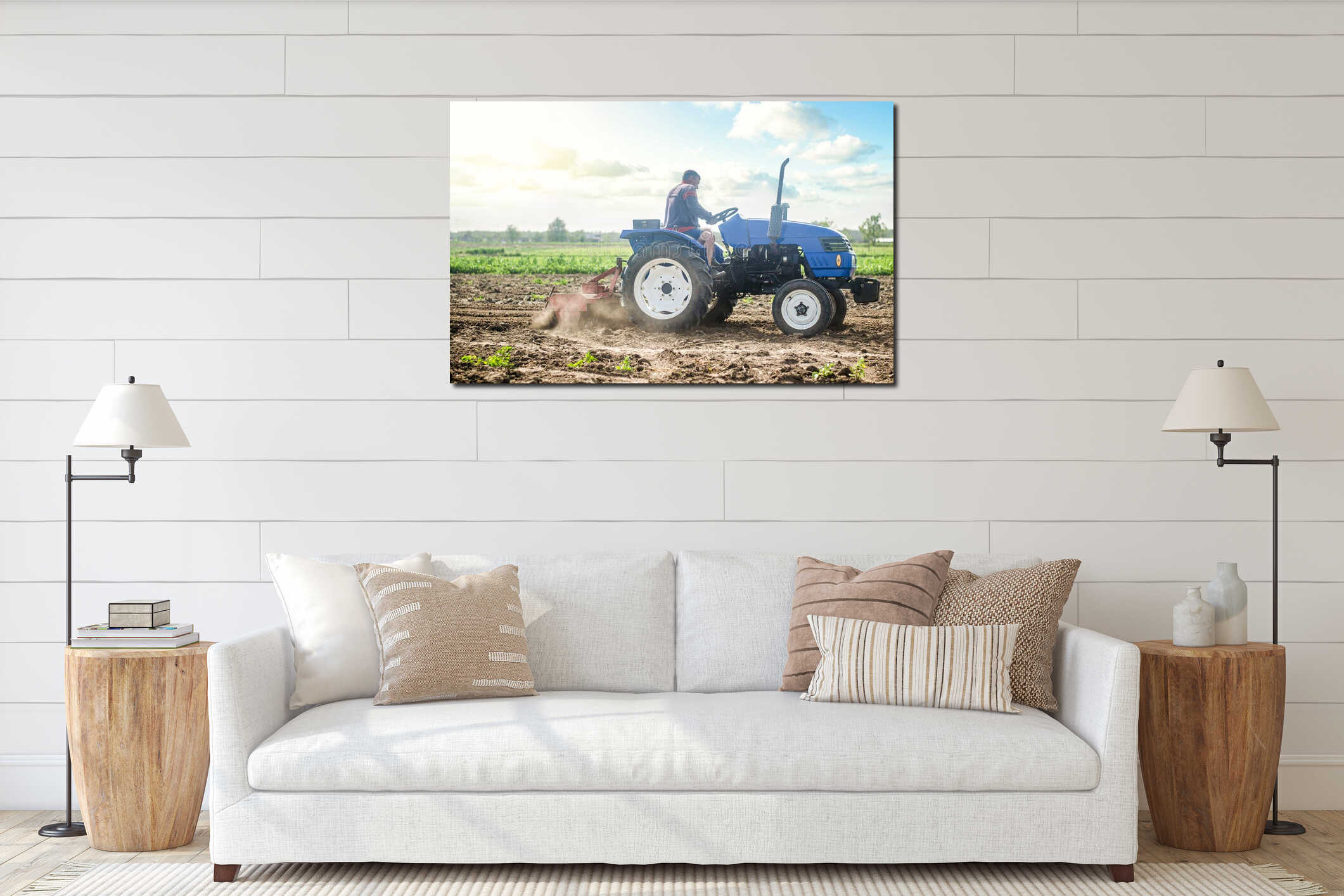 A farmer on a tractor works in the field and raises dust. Plowing field. Use of agricultural machinery and to simplify interior mockup