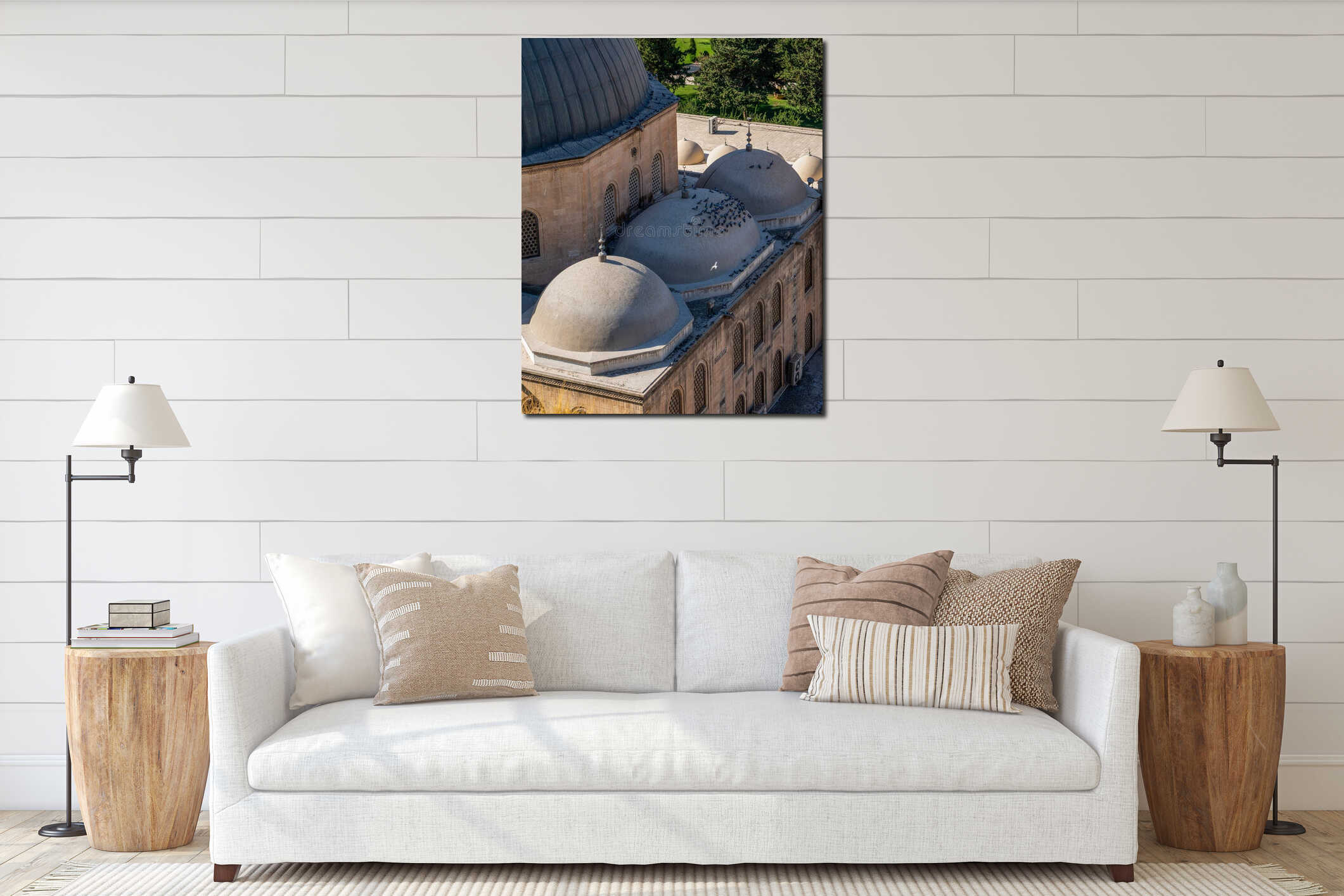 Wild pigeons sitting on the mosque`s dome, Sanliura, Turkey interior mockup