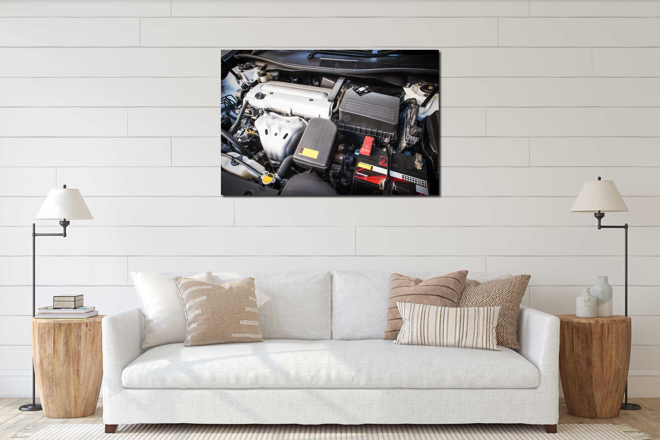 Close up details of gasoline engine car 2000cc. 16v. under the hood interior mockup