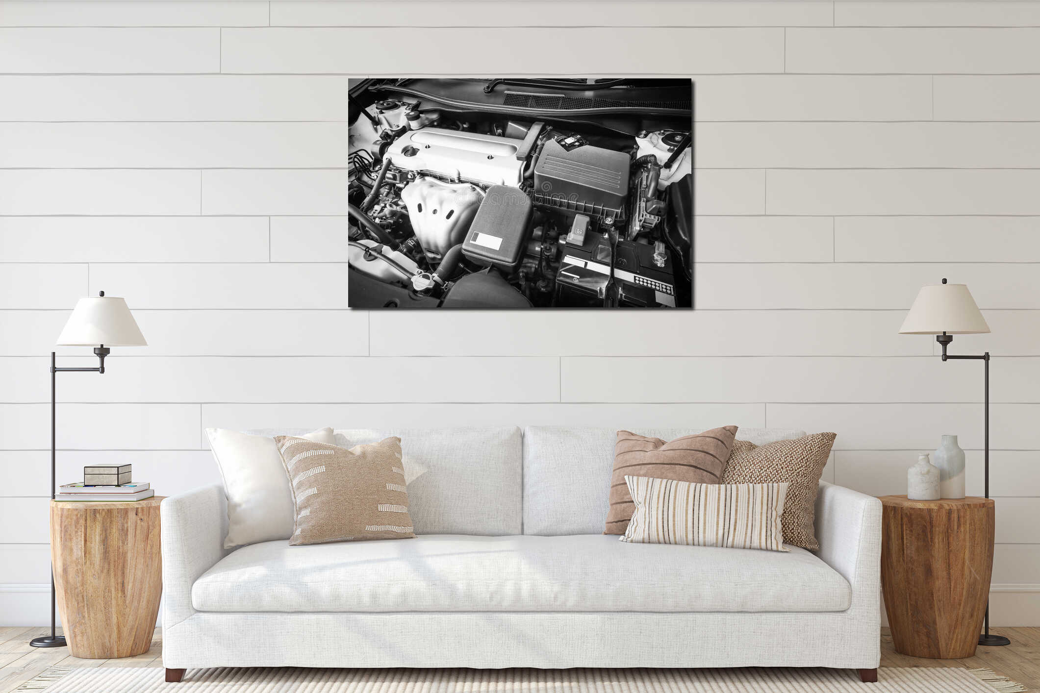 Close up details of gasoline engine car 2000cc. 16v. under the hood interior mockup