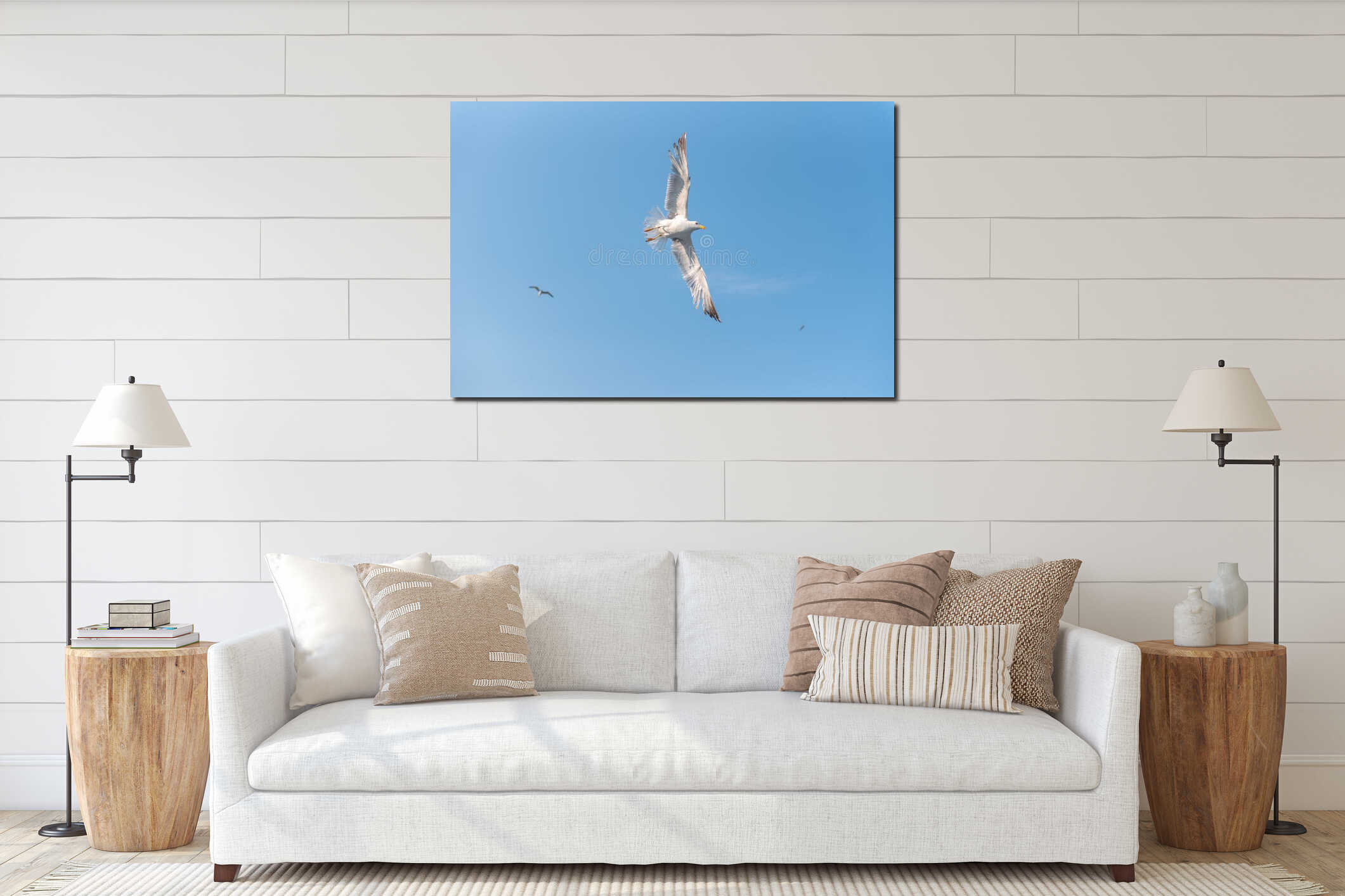A seagull spreading its wings in flight interior mockup