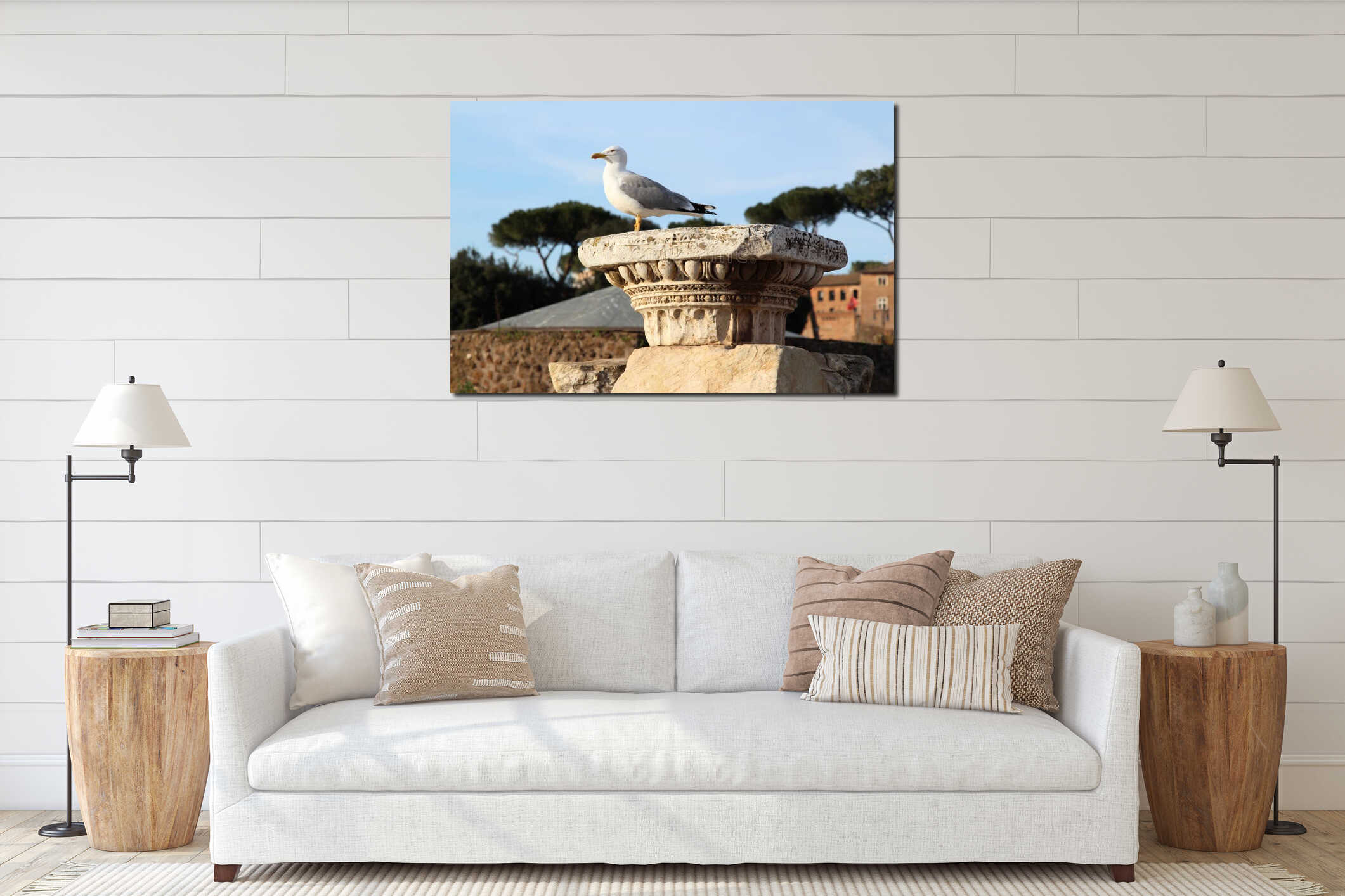Seagull sitting on the ruins of a forum in Rome interior mockup