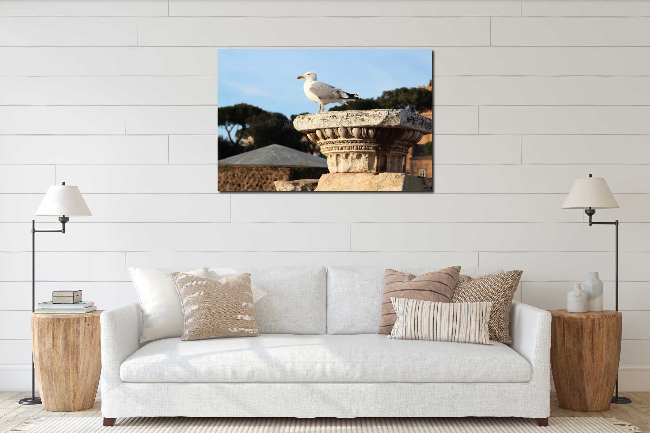 Seagull sitting on the ruins of a forum in Rome interior mockup
