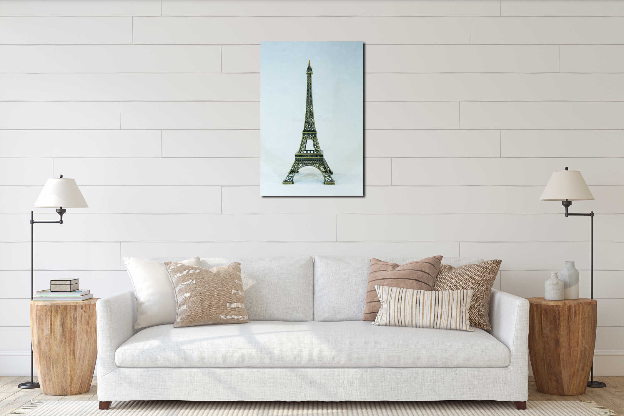 Small bronze copy of Eiffel tower figurine isolated on white background. interior mockup