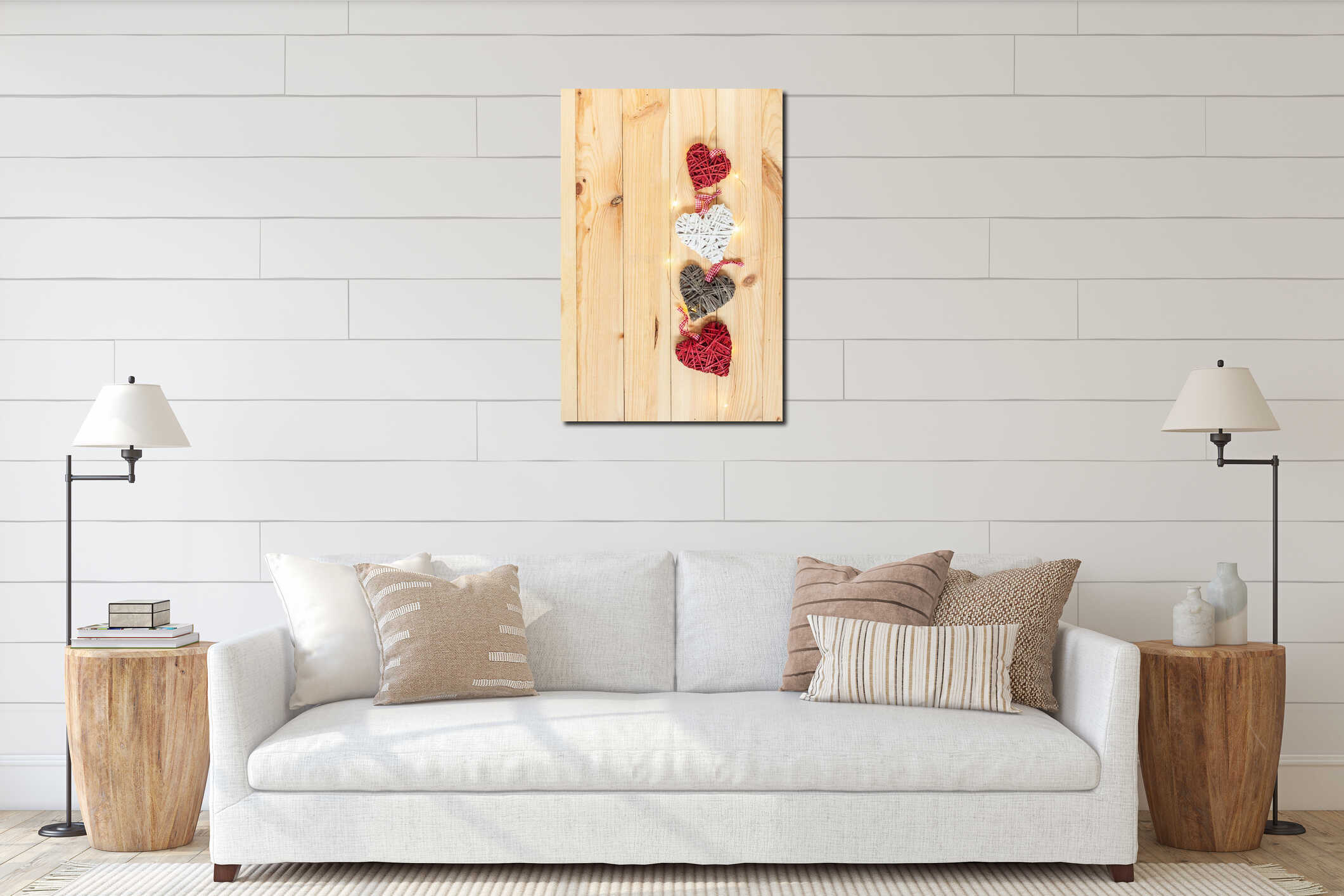 Multicolored hearts made of straw on the rustic wooden background. Vertical shot. Happy Valentine`s day interior mockup
