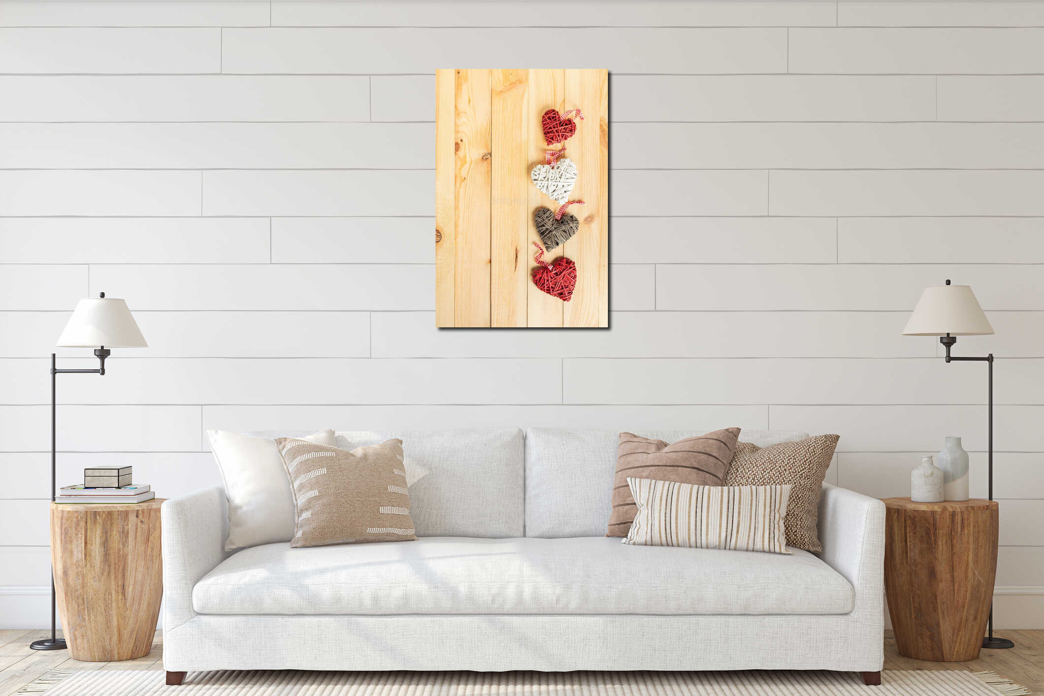 Multicolored hearts made of straw on the rustic wooden background. Vertical shot. Happy Valentine`s day interior mockup