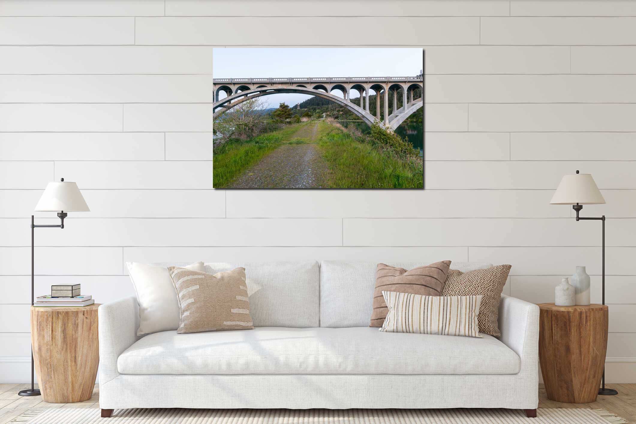 A gravel road runs under the Rogue River Bridge at Gold Beach, Oregon, USA interior mockup