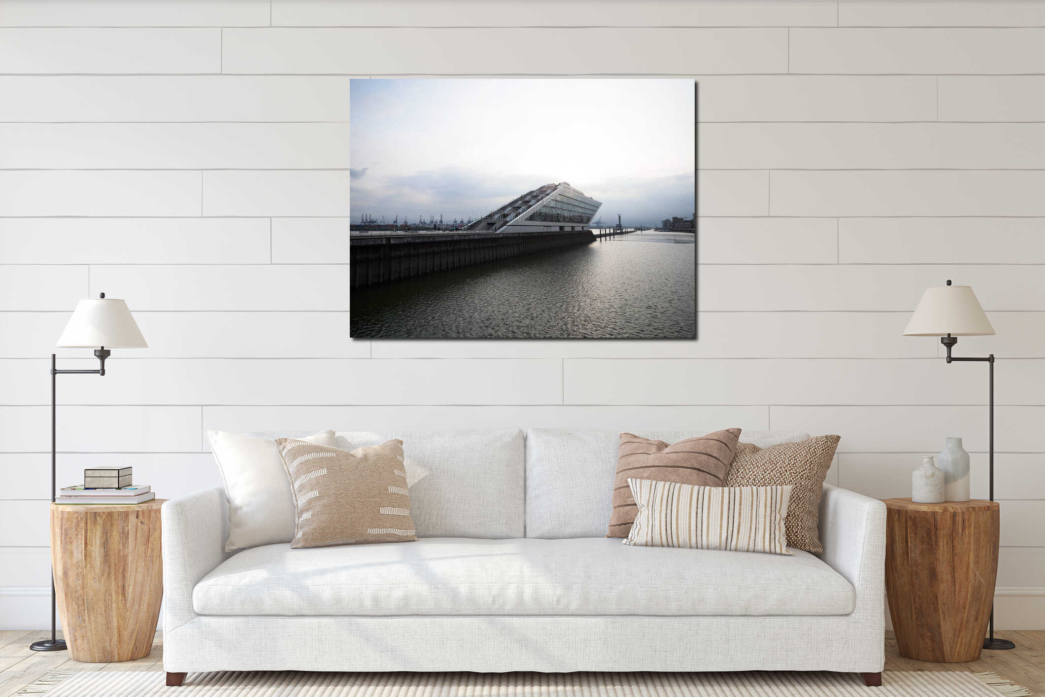Panoramic view of Elbe harbour modern architecture parallelogram rhomboid shaped building Dockland Hamburg Germany interior mockup