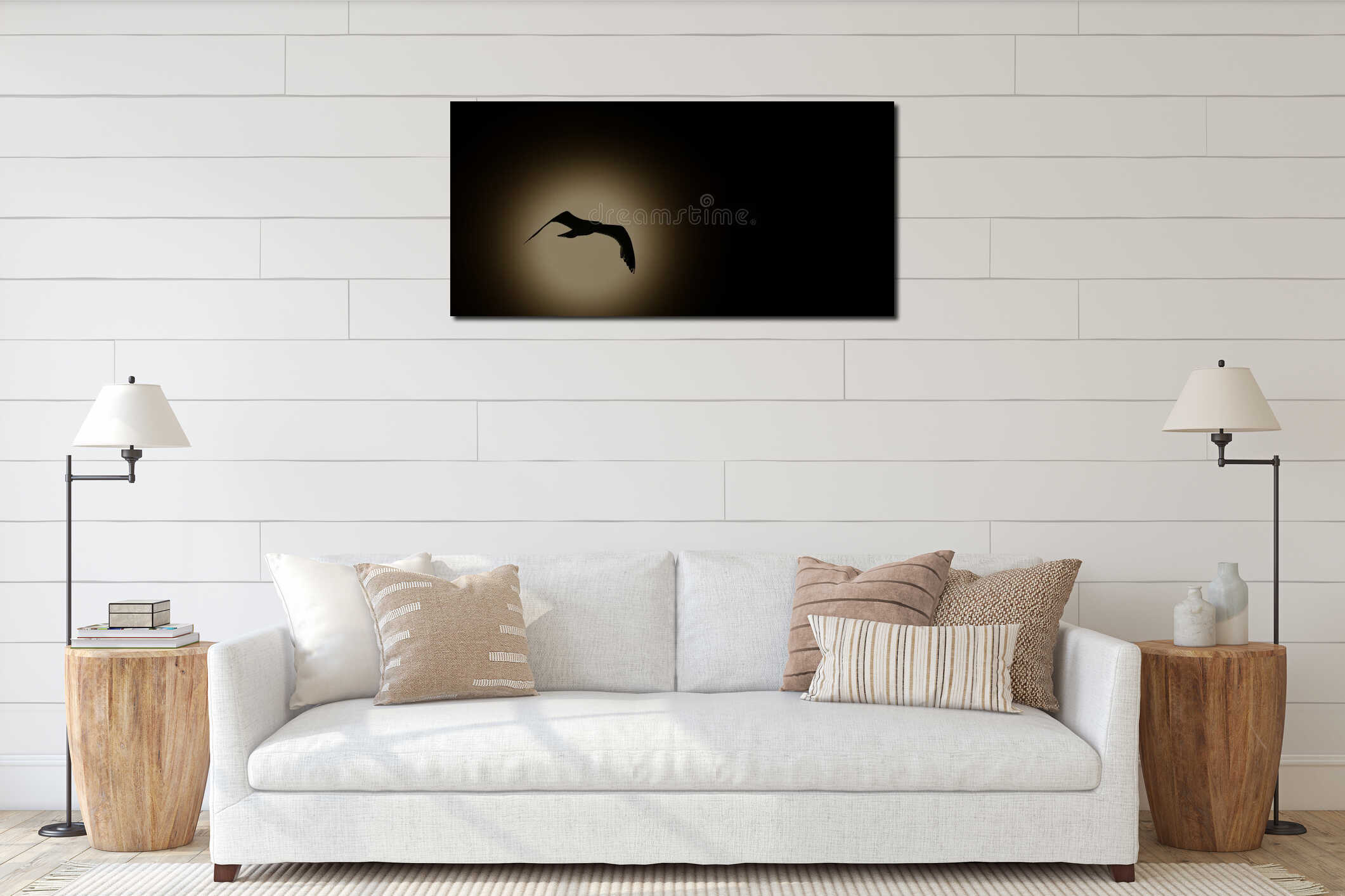 Natural background with silhouette bird flying in the sky interior mockup