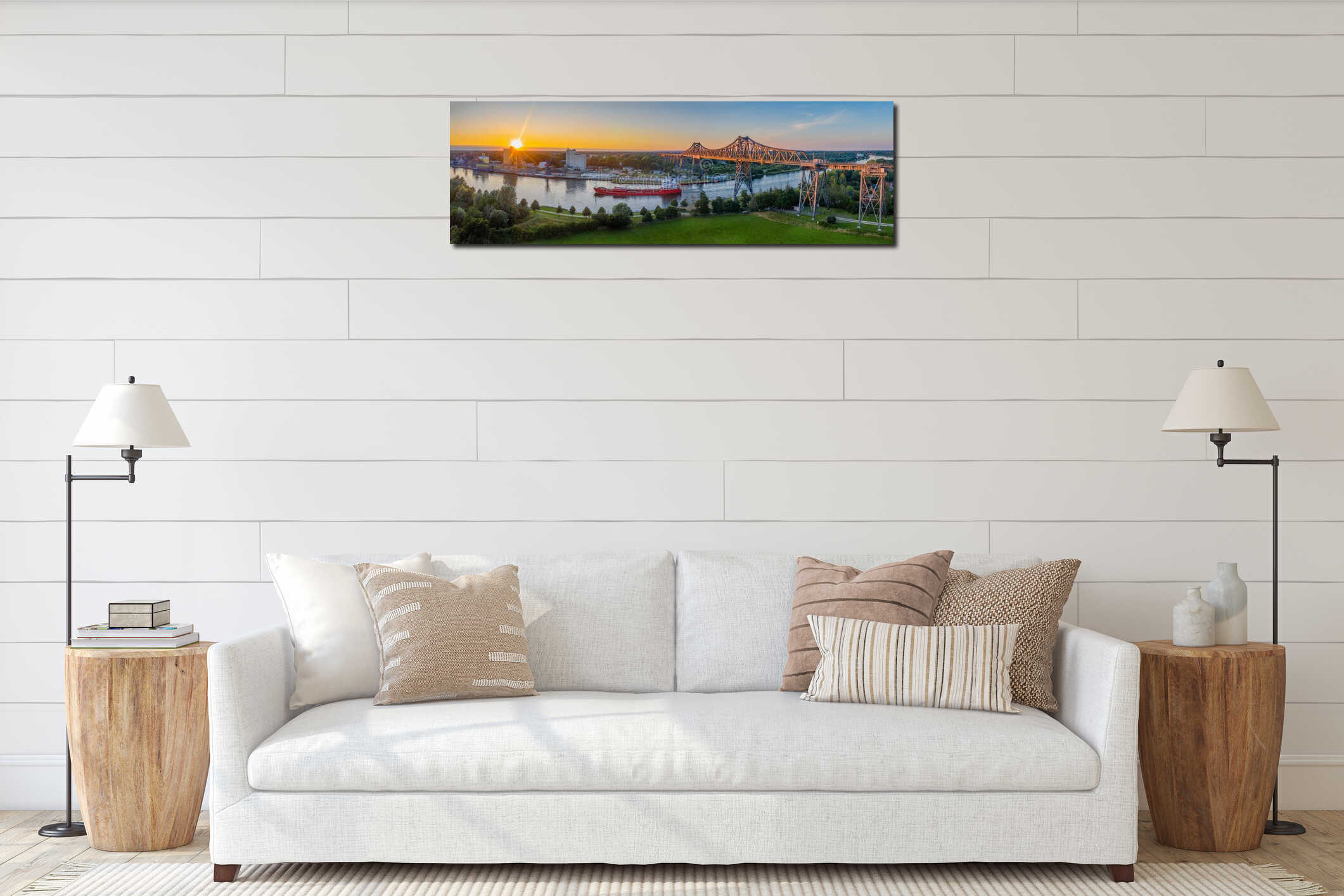 Aerial view on Rendsburg railway bridge  with ship at sunset  Schleswig-Holstein  Germany. interior mockup