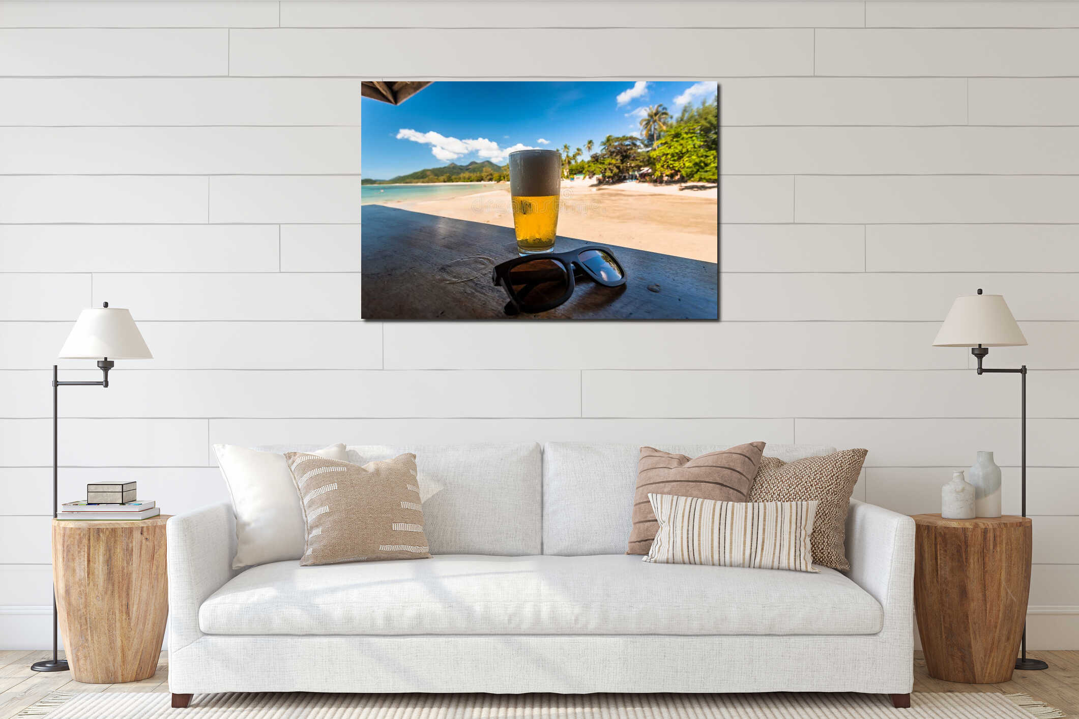 Sunny beach, beer and sunglasses on wooden bar table. Ocean view with fresh beer on natural background interior mockup