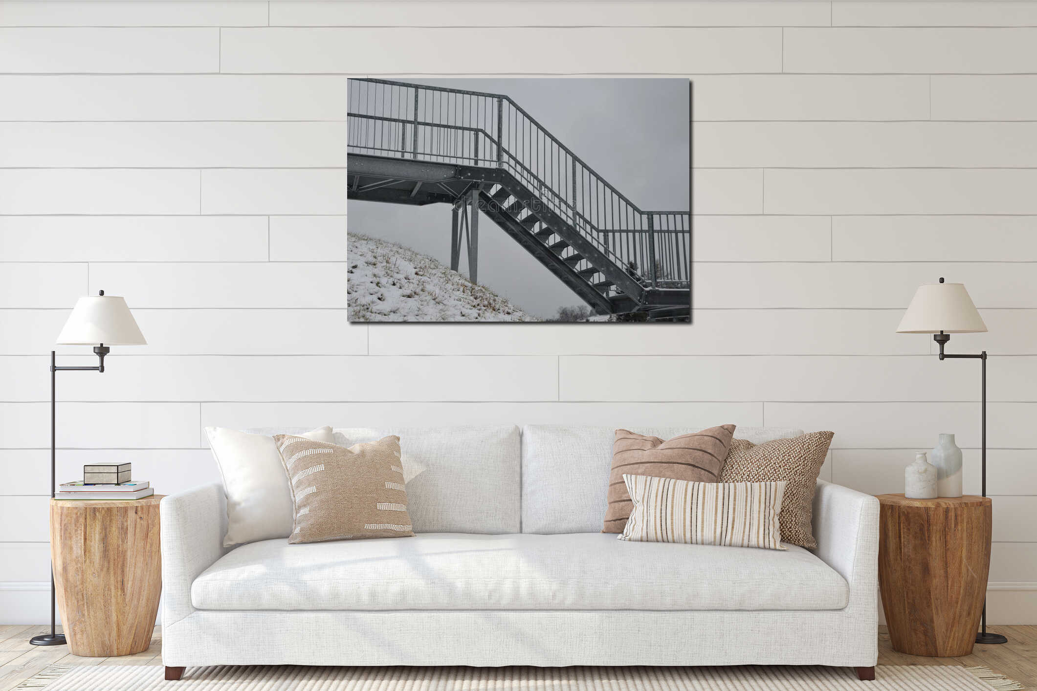 Gray snow-covered staircase observation deck construction with high resistance to deformation even under heavy load Galvanized ste interior mockup