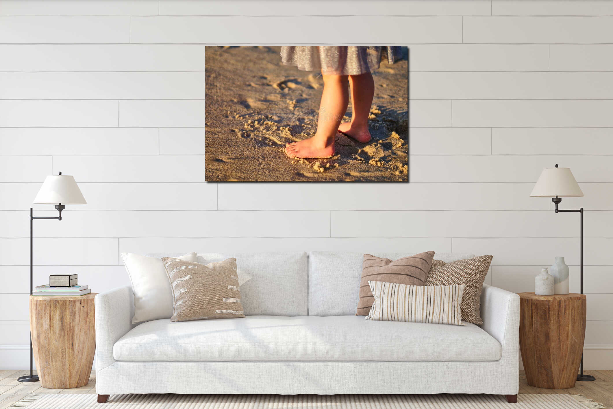Little girl Footprints in sand. Child Summer memories. Feet walk along shore. interior mockup