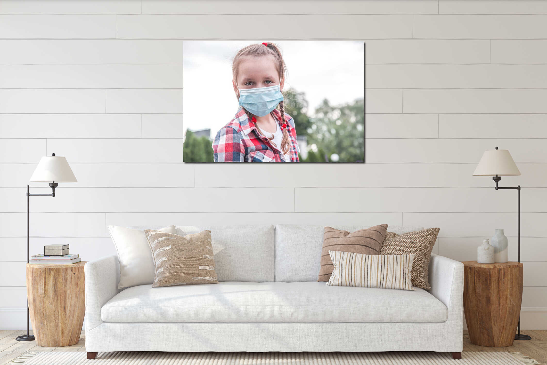 Young girl mask, crown virus , interior mockup