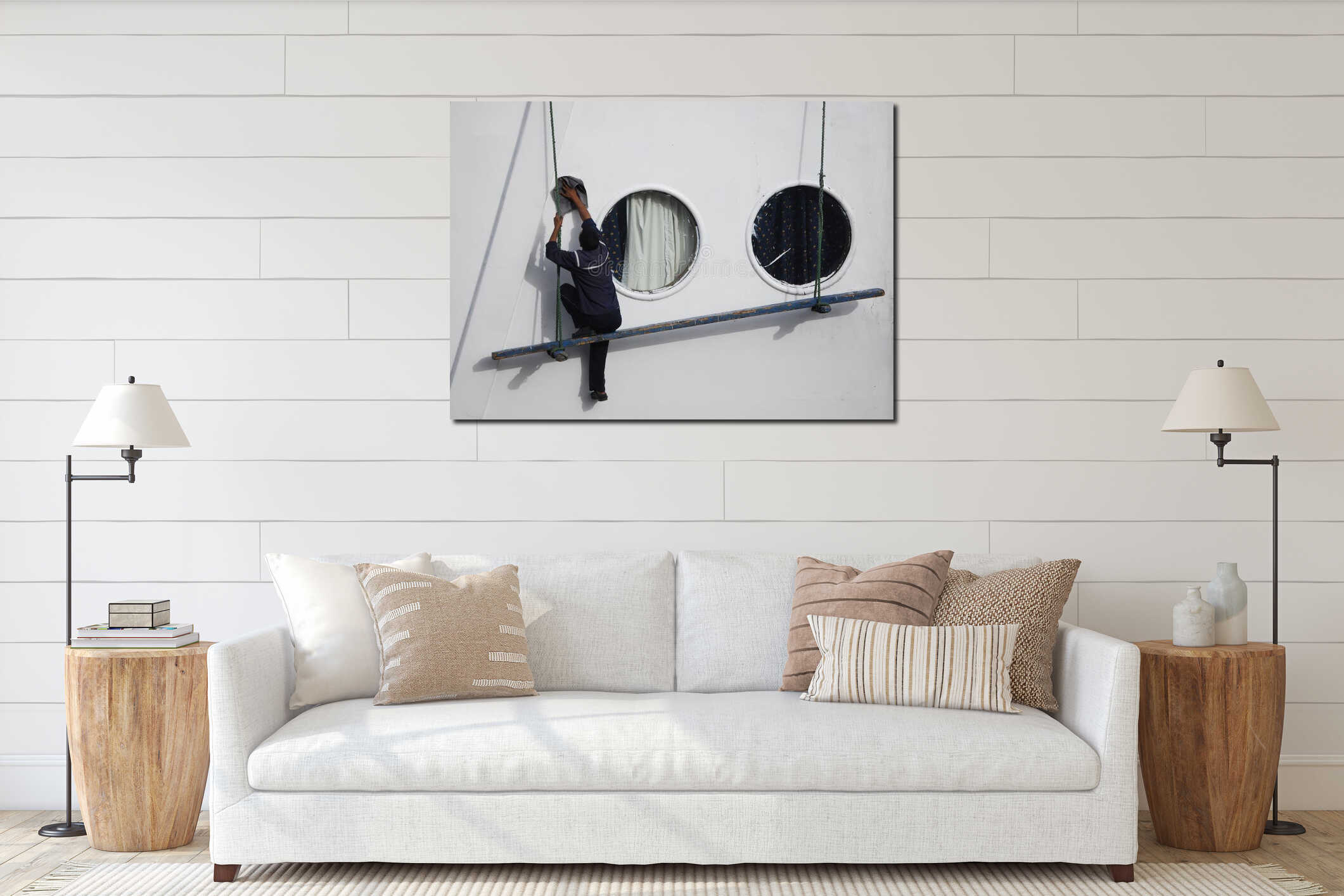 Sailor man cleaning windows on cruise ship on Nile river. Egypt interior mockup