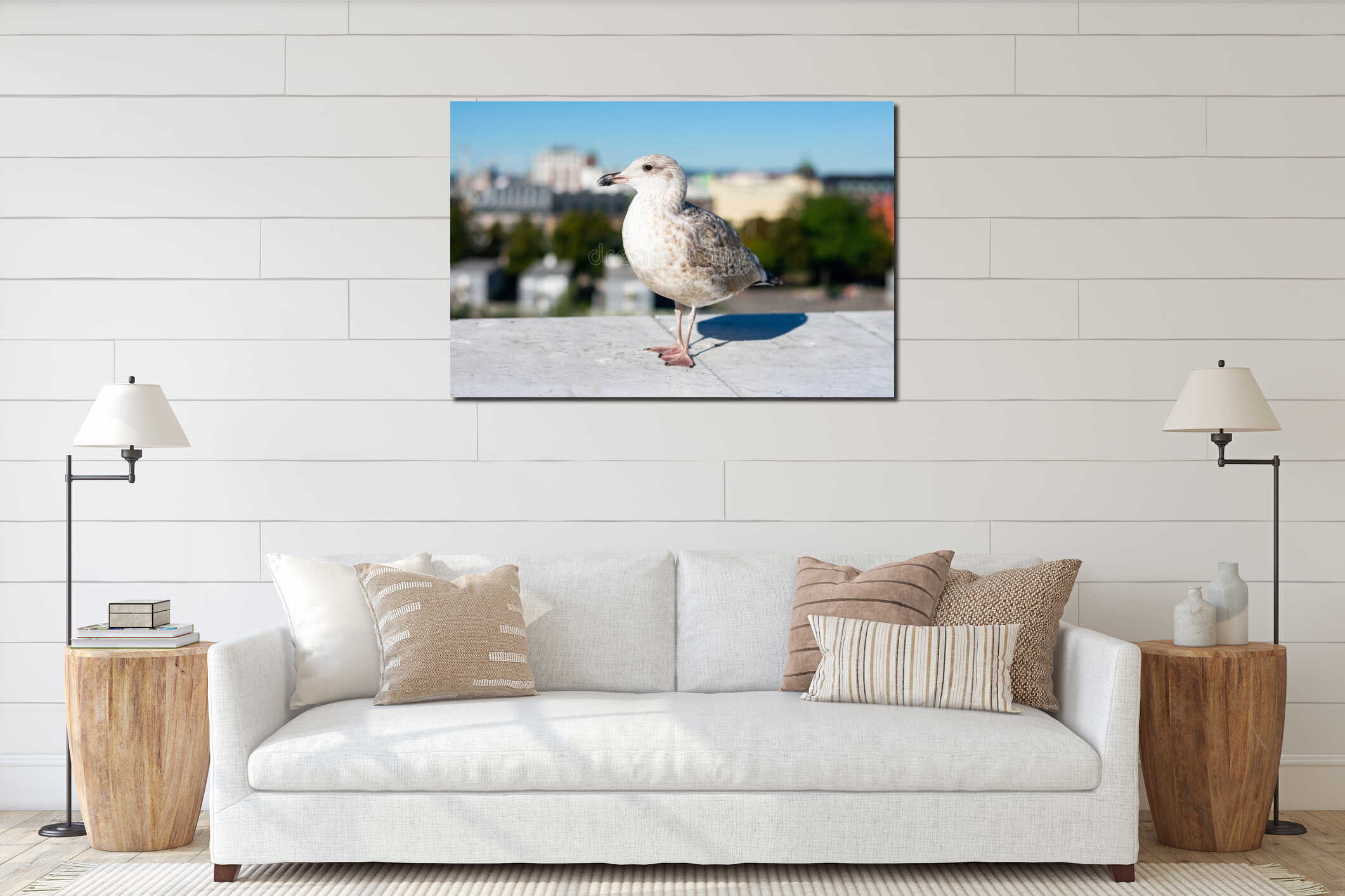 Close up view of grey seagull above blurred city interior mockup
