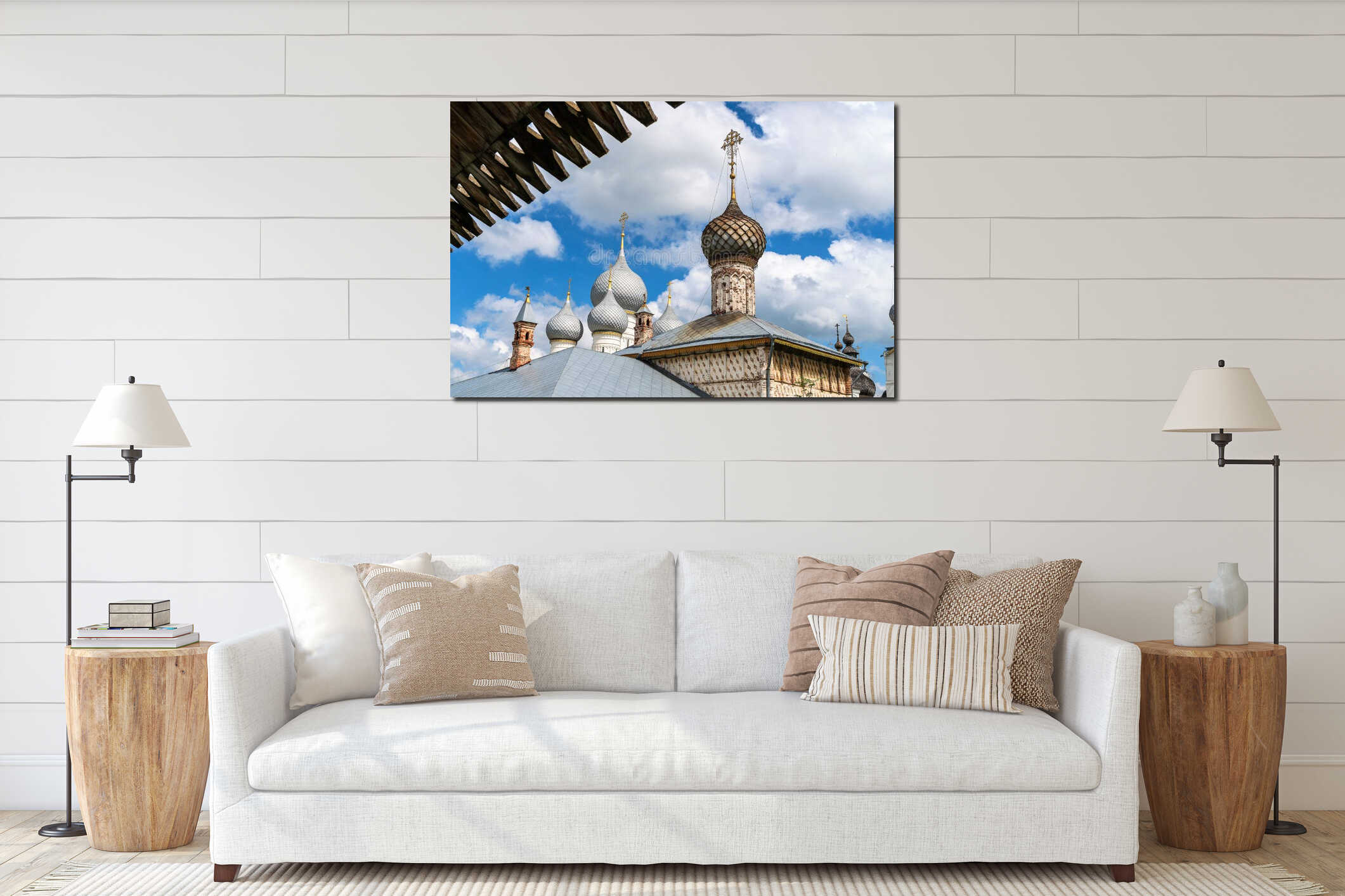 Russia, Rostov, July 2020. View of the domes of churches from the covered gallery of the Rostov Kremlin. interior mockup