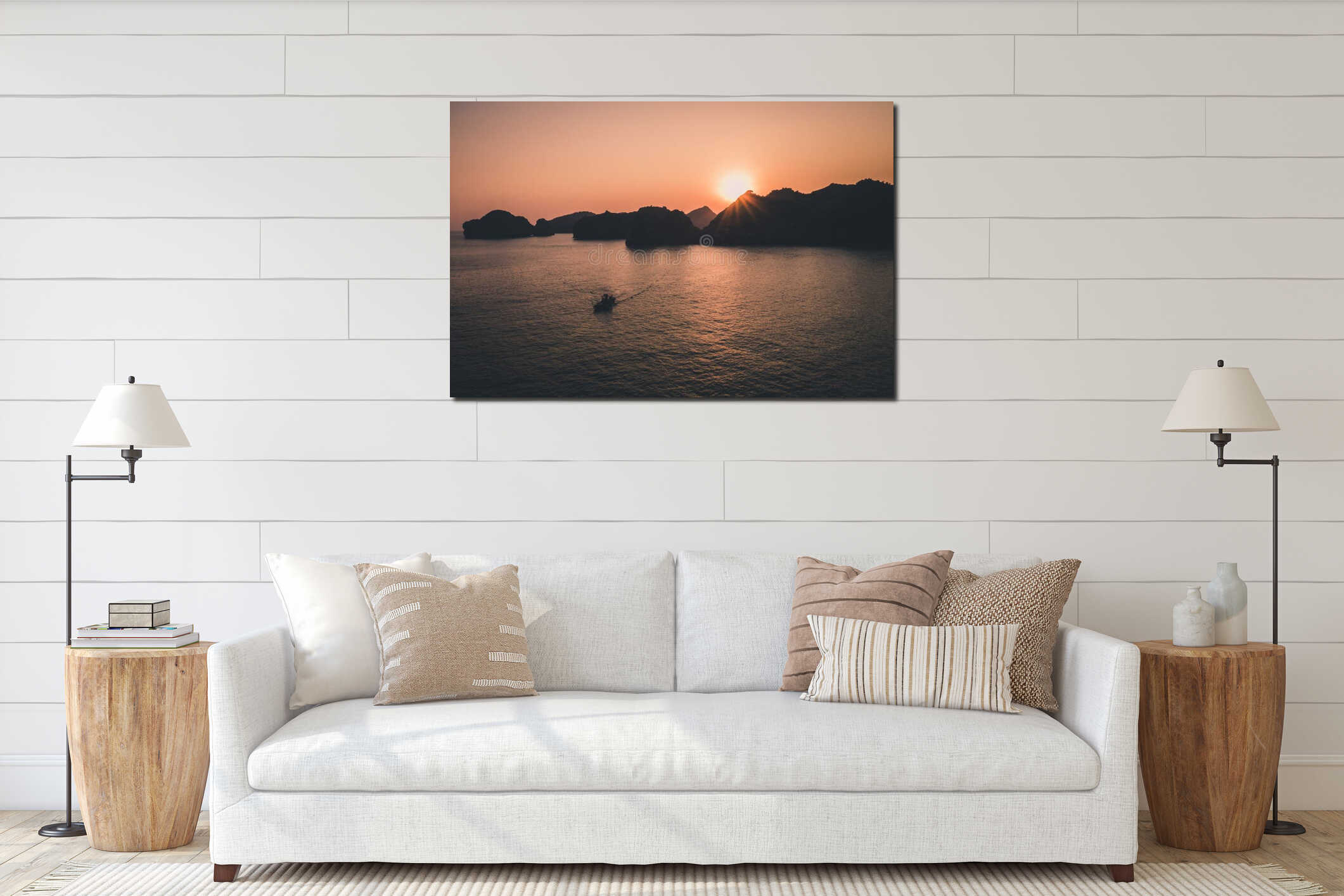 Beautiful sunset, fishing boat, rocky islands interior mockup